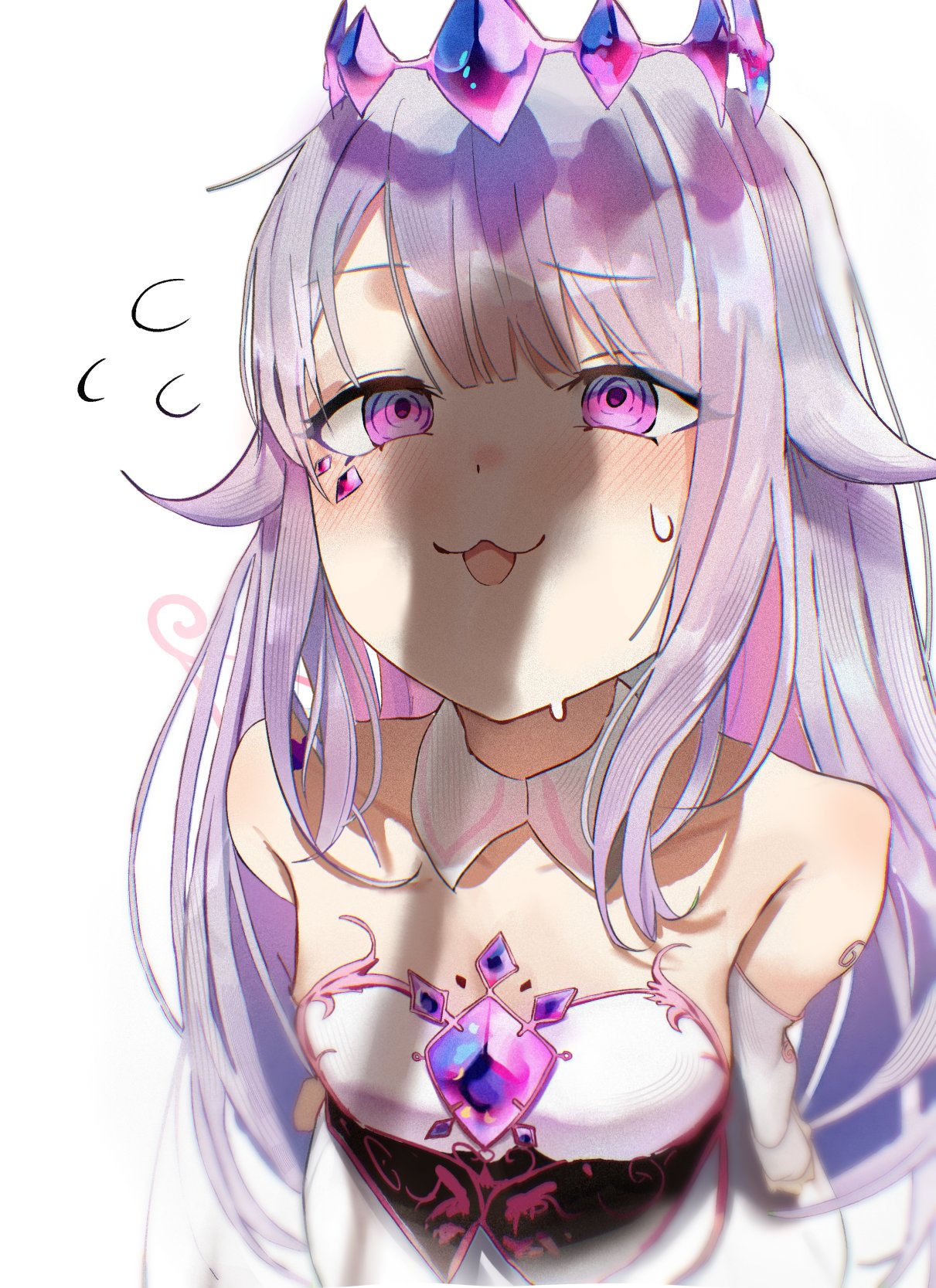tomosakaaa, koseki bijou, koseki bijou (1st costume), hololive, hololive english, 1girl, breasts, chest jewel, gem, purple eyes, purple hair, shadow, small breasts, sweat, virtual youtuber