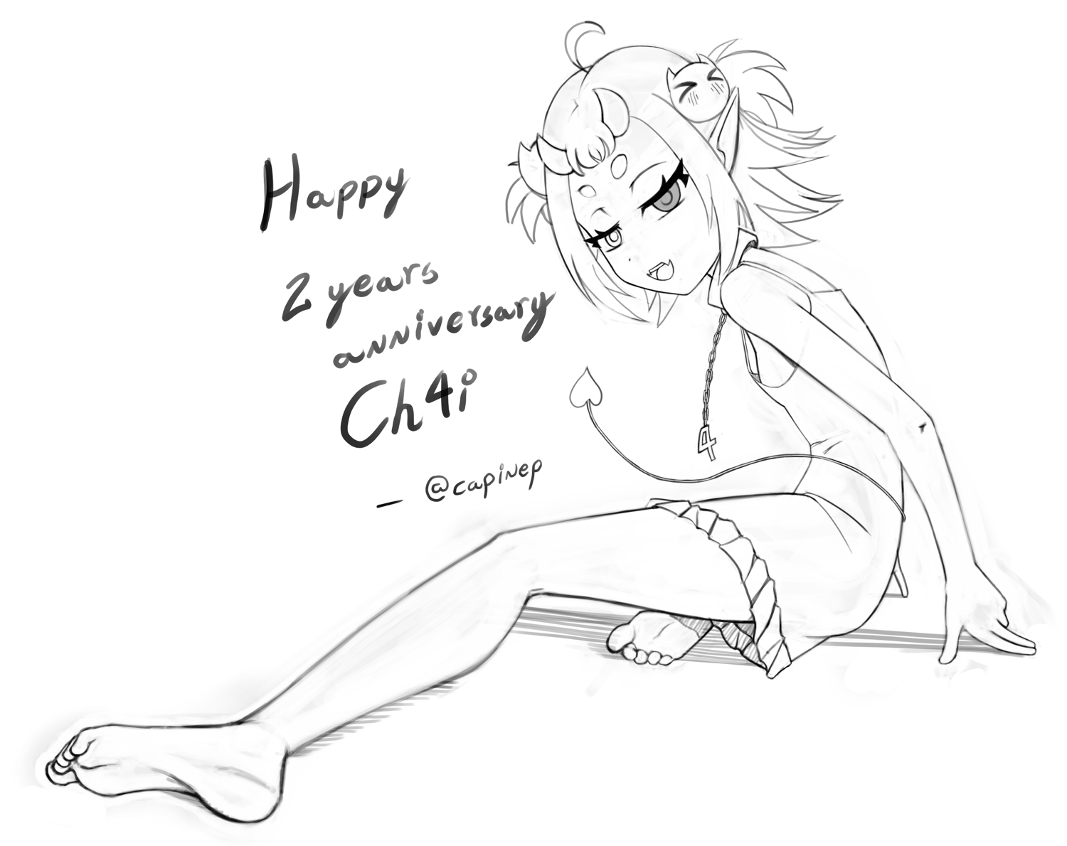 capinep, ch4i, indie virtual youtuber, 1girl, 2025, ahoge, artist name, demon girl, english text, flat chest, foot focus, greyscale, monochrome, pointy ears, sitting, solo, white background