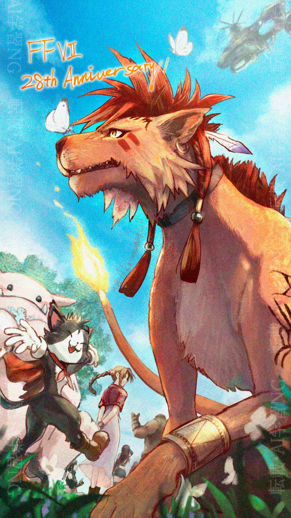 akatamanegi ill, tuxedo cat, aerith gainsborough, barret wallace, cait sith (final fantasy), moogle, red xiii, tifa lockhart, yuffie kisaragi, final fantasy, final fantasy vii, final fantasy vii rebirth, final fantasy vii remake, commentary request, highres, 1boy, 3girls, aircraft, airship, animal, animal earrings, anniversary, arms behind back, bangle, beads, black collar, black hair, black skirt, black thighhighs, body markings, boots, bracelet, braid, braided ponytail, brown boots, brown hair, brown vest, bug, butterfly, butterfly on nose, cape, collar, copyright name, crop top, cropped jacket, crown, dark-skinned male, dark skin, dress, facial mark, fangs, fangs out, feather hair ornament, feathers, fire, flame-tipped tail, from behind, from below, gloves, grass, green shirt, hair beads, hair ornament, highwind, insect, jacket, jewelry, long dress, long hair, midriff, mini crown, miniskirt, multiple girls, outdoors, outstretched arms, parted bangs, pink dress, red cape, red hair, red jacket, shirt, short hair, sidelocks, single braid, skirt, tail, thighhighs, twitter username, vest, white gloves, yellow eyes