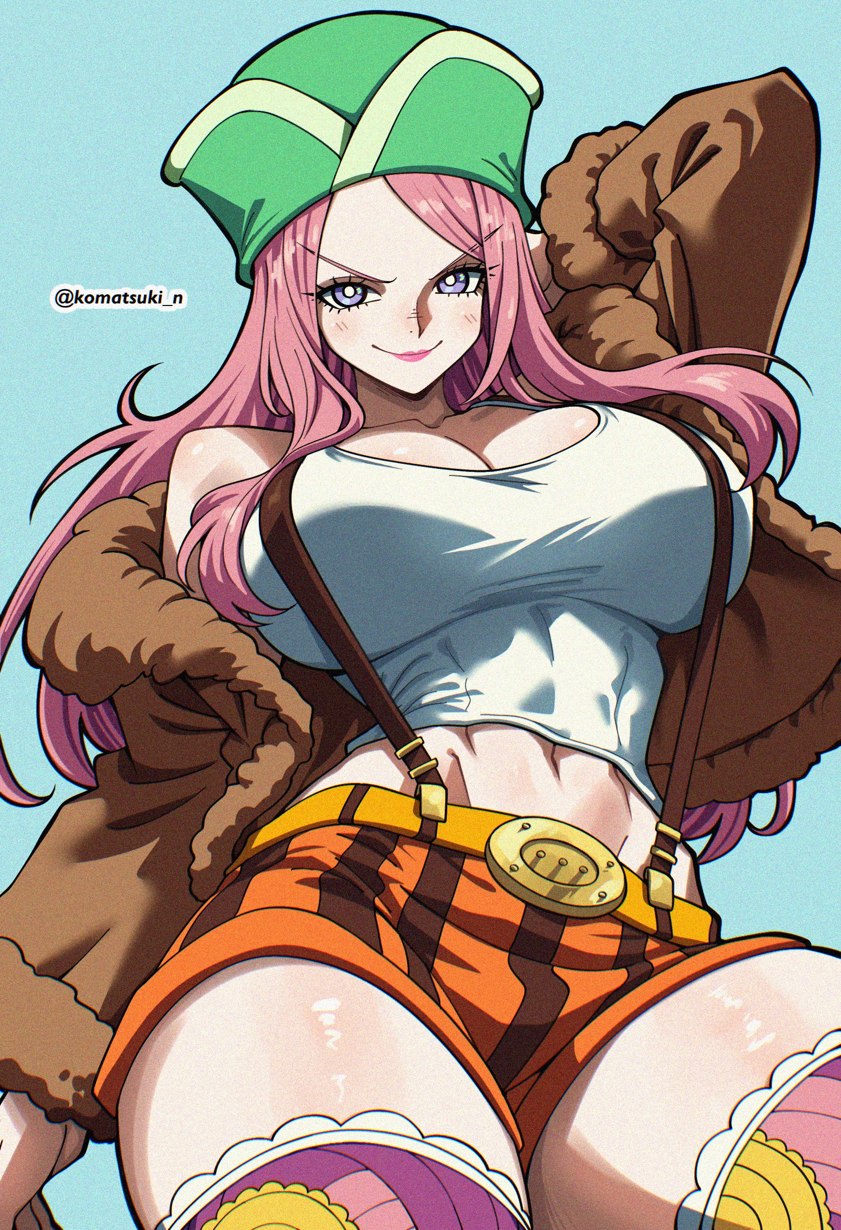 komatsuki n, jewelry bonney, one piece, absurdres, commentary, highres, 1girl, arm behind head, artist name, blue background, breasts, bright pupils, brown jacket, closed mouth, cowboy shot, green hat, hat, jacket, large breasts, lips, long hair, looking at viewer, midriff, navel, open clothes, open jacket, orange shorts, pink hair, pink thighhighs, purple eyes, short shorts, shorts, simple background, smile, solo, suspender shorts, suspenders, tank top, thighhighs, twitter username, v-shaped eyebrows, white pupils, white tank top