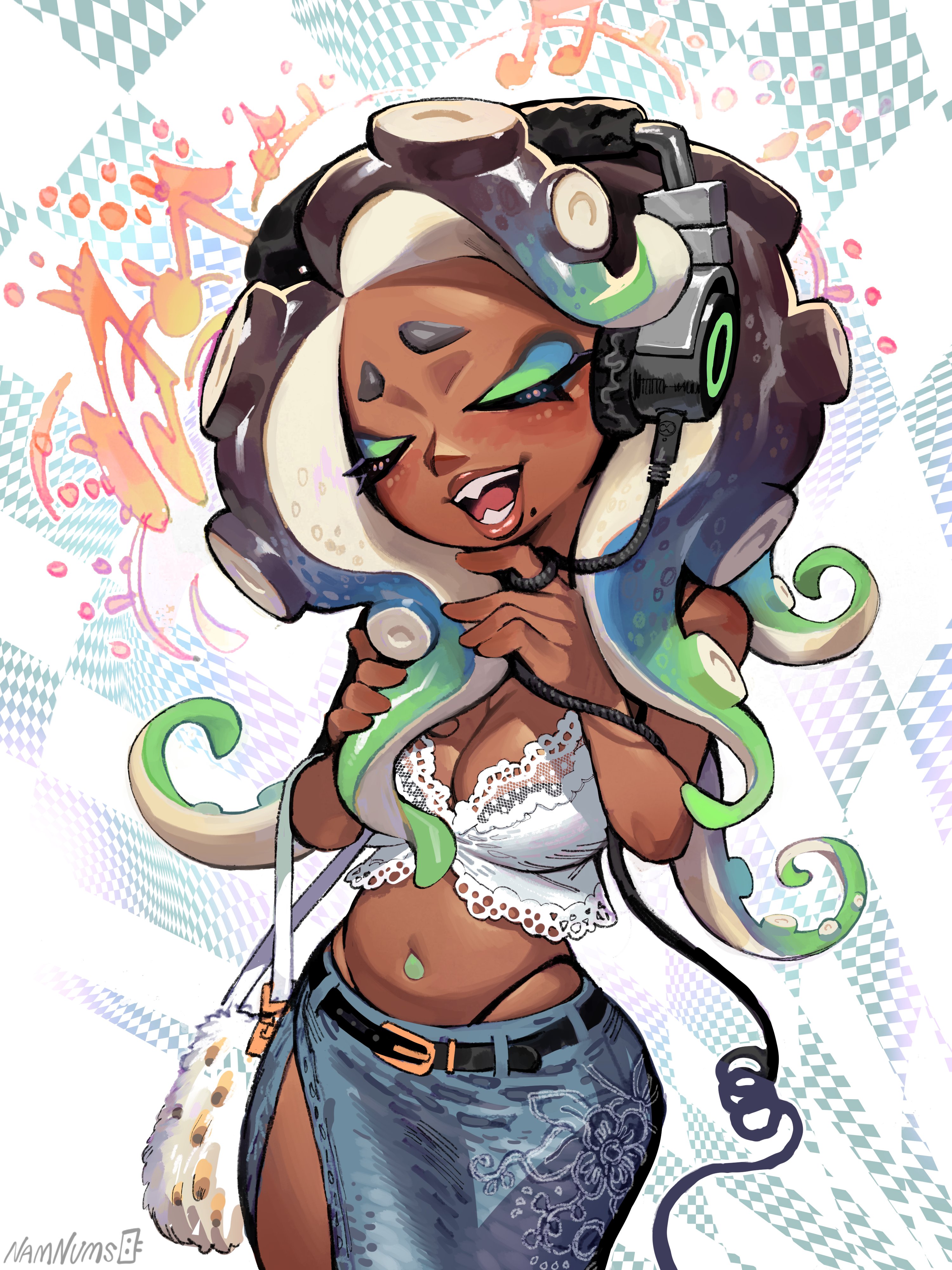 namnums, marina (splatoon), nintendo, splatoon (series), splatoon 2, absurdres, commentary, english commentary, highres, 1girl, alternate costume, bag, belt, black belt, black hair, blush, breasts, cable, camisole, casual, cleavage, closed eyes, colored tips, cowboy shot, crop top, curvy, dark-skinned female, dark skin, denim, denim skirt, elbow carry, eyeshadow, furrowed brow, gradient hair, green eyeshadow, green hair, hand in own hair, handbag, hands up, headphones, holding, holding bag, lace-trimmed camisole, lace trim, large breasts, lipgloss, long eyelashes, makeup, mole, mole under mouth, multicolored hair, musical note, navel, navel piercing, octoling, open mouth, piercing, side slit, skirt, smile, solo, spoken musical note, suction cups, tentacle hair, two-tone hair, u u, very dark skin, white camisole