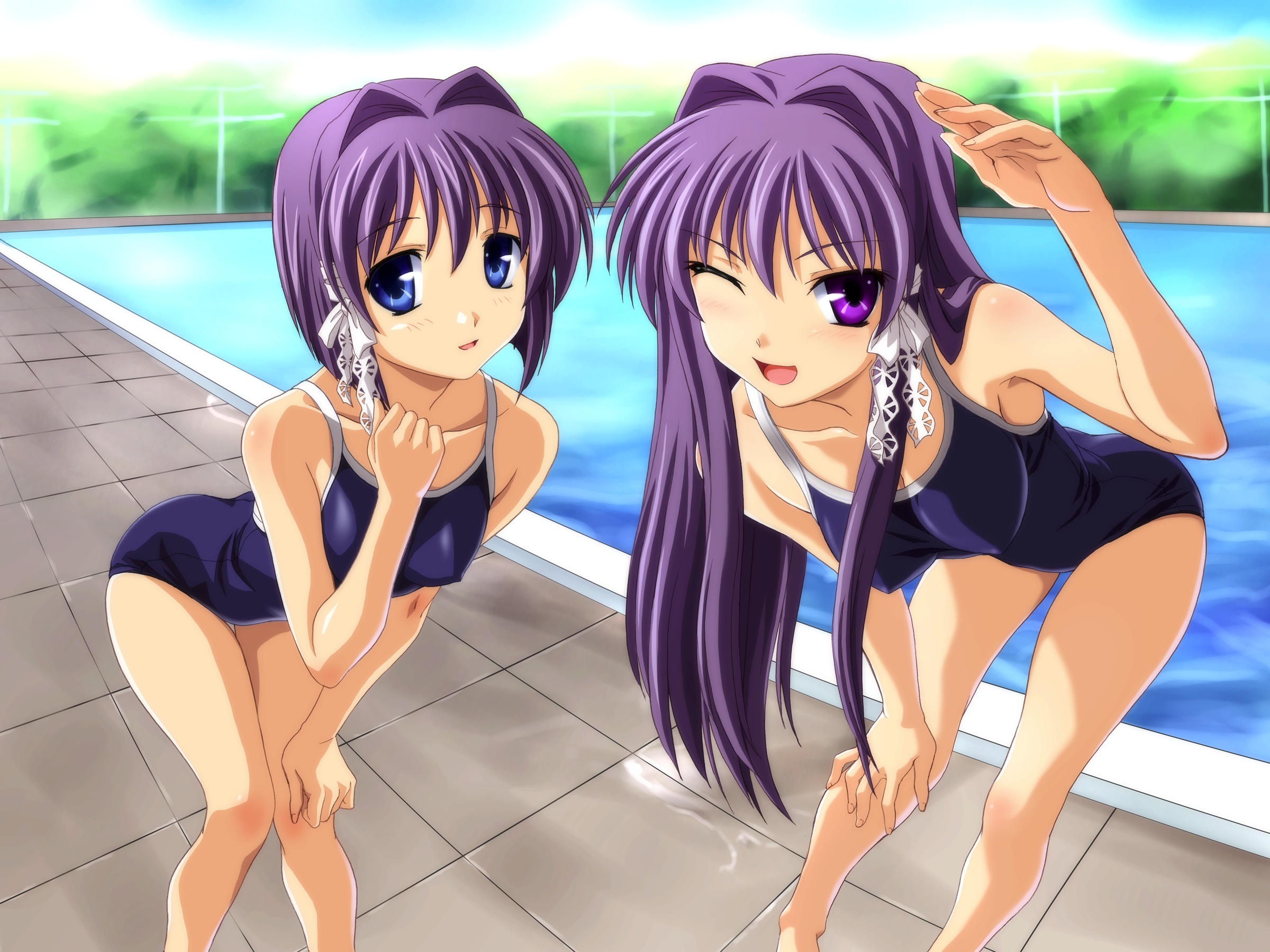 norizou type-r, fujibayashi kyou, fujibayashi ryou, clannad, highres, non-web source, 00s, 2girls, blue eyes, breasts, competition school swimsuit, covered erect nipples, hair intakes, leaning forward, long hair, medium breasts, multiple girls, one-piece swimsuit, one eye closed, open mouth, pool, poolside, purple eyes, purple hair, school swimsuit, short hair, siblings, sisters, small breasts, swimsuit, thigh gap, thighs, twins, very long hair, water, wink