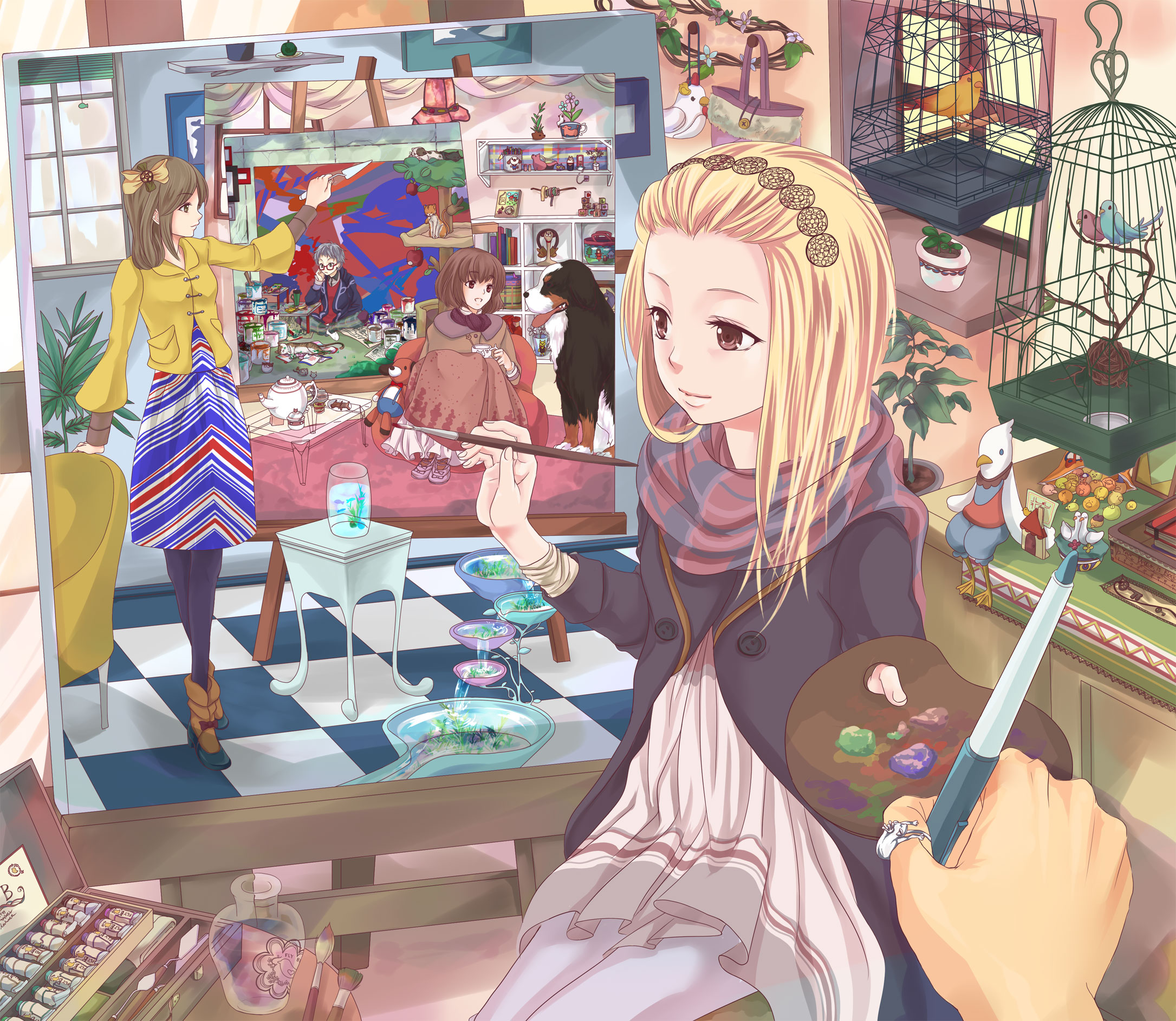 takesita, oekaki musume, original, pixiv, bad id, bad pixiv id, highres, 1boy, 3girls, animal, bird, blonde hair, cage, dog, multiple girls, paint, pantyhose