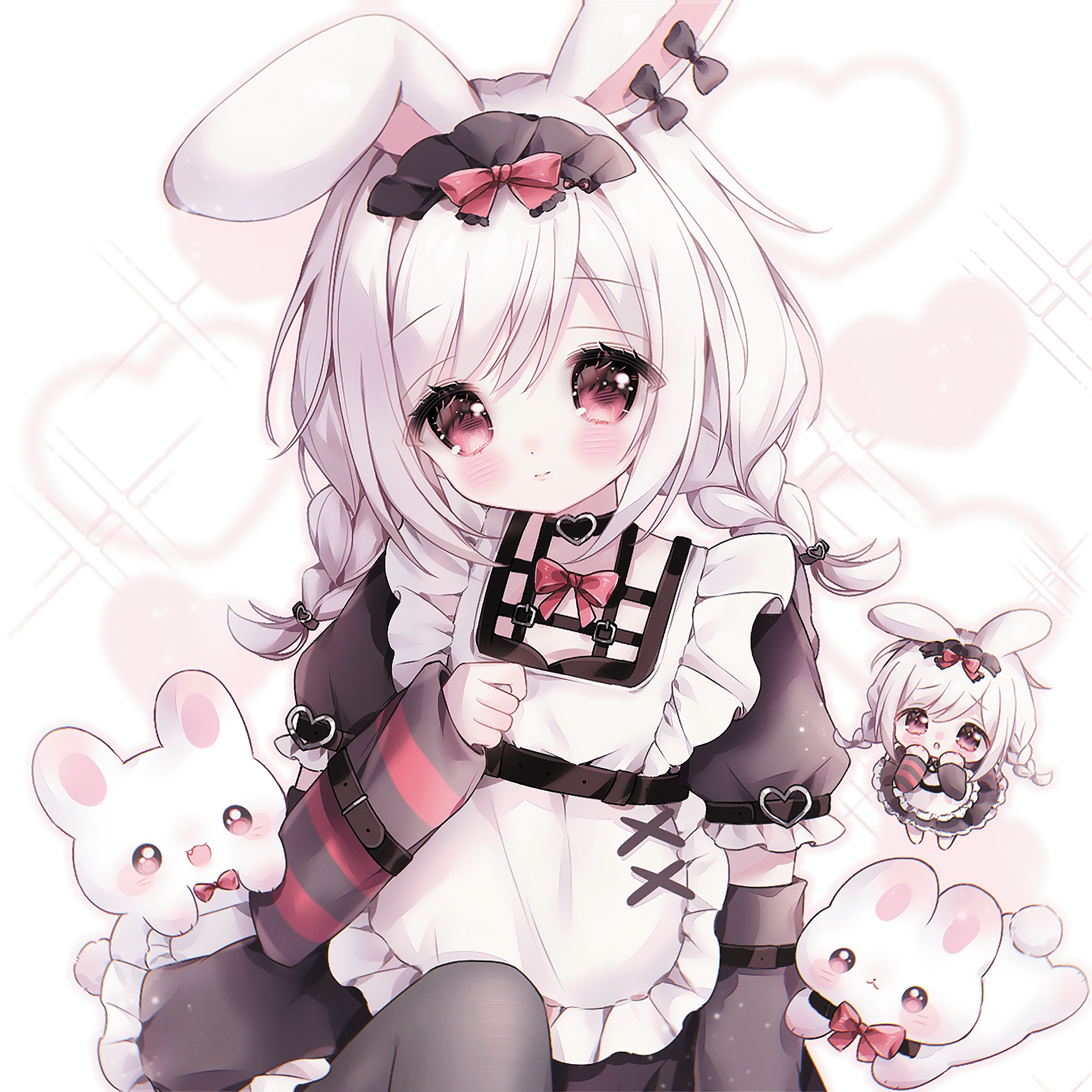 absurdres, bad link, highres, 1girl, animal ears, apron, black bow, black dress, black sleeves, blush, bow, braid, chibi, closed mouth, detached sleeves, dress, frilled apron, frilled dress, frills, hair between eyes, hair bow, heart, layered sleeves, long hair, long sleeves, looking at viewer, multiple views, pantyhose, puffy short sleeves, puffy sleeves, rabbit, rabbit ears, red bow, red eyes, short over long sleeves, short sleeves, sitting, sleeves past wrists, twin braids, twintails, white apron, white background, white hair