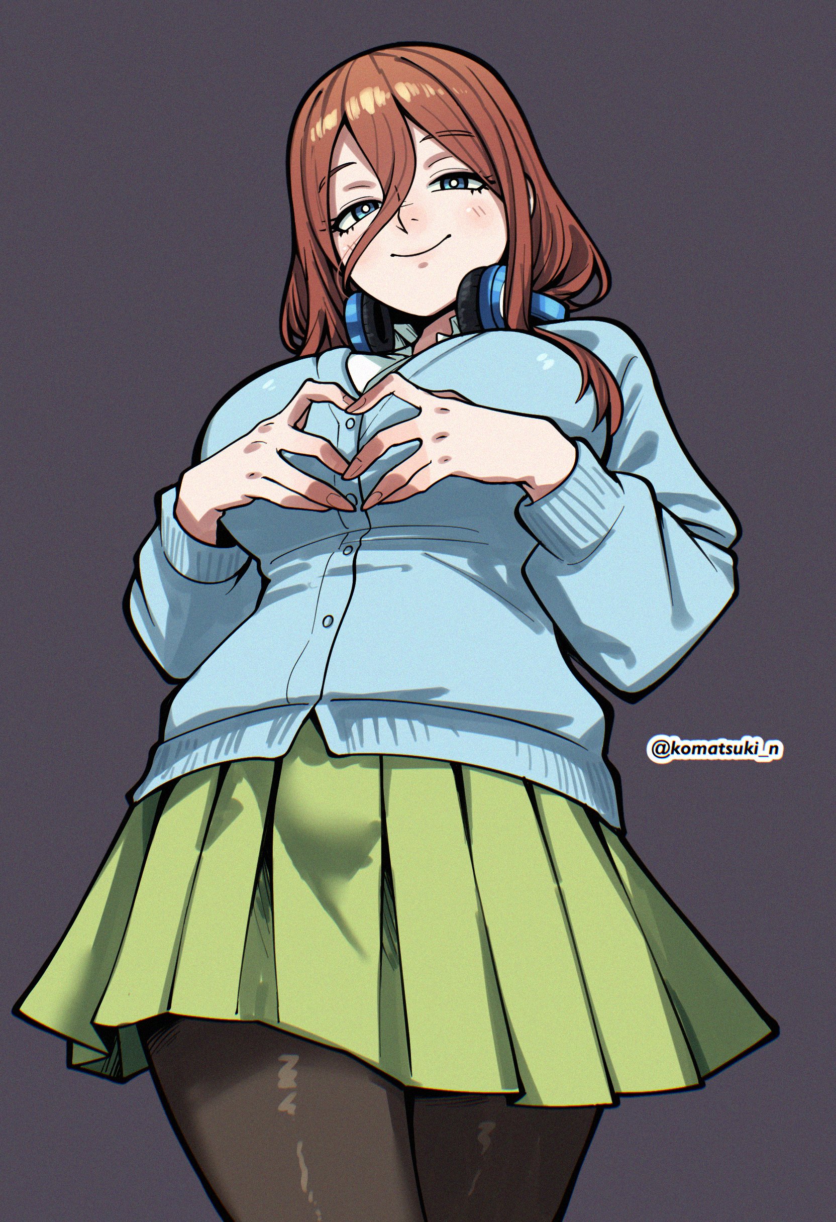 komatsuki n, nakano miku, go-toubun no hanayome, absurdres, commentary, highres, 1girl, artist name, black pantyhose, blue cardigan, blue eyes, breasts, bright pupils, brown hair, cardigan, closed mouth, cowboy shot, green skirt, grey background, headphones, headphones around neck, large breasts, long hair, long sleeves, looking at viewer, own hands together, pantyhose, pleated skirt, school uniform, simple background, skirt, smile, solo, twitter username, white pupils