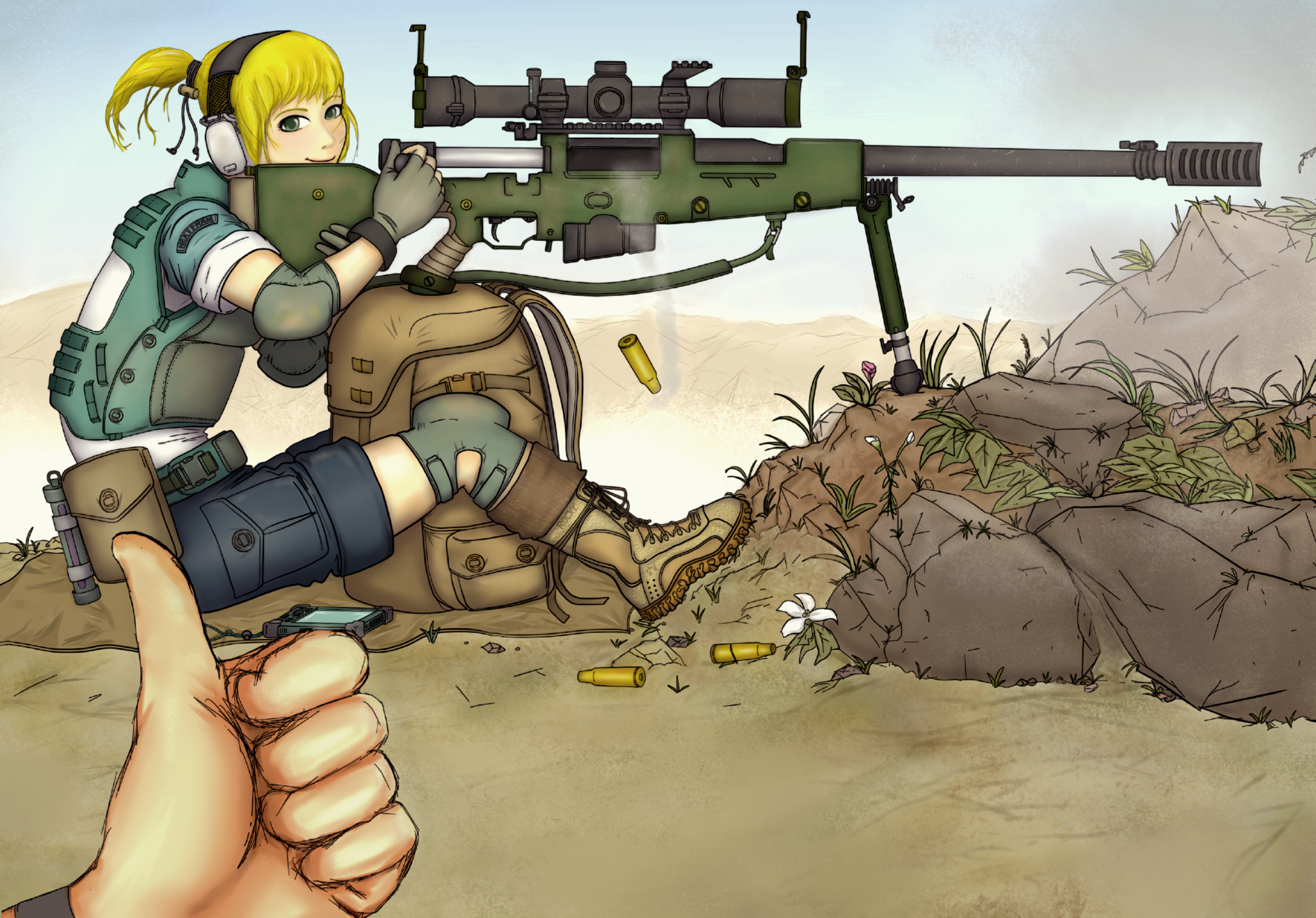 g-e-n, iris (material sniper), material sniper, highres, 1girl, backpack, bag, bipod, blonde hair, bolt action, boots, bulletproof vest, casing ejection, elbow pads, female focus, fingerless gloves, gloves, green eyes, gun, headphones, knee pads, male hand, nature, outdoors, plant, ponytail, pov, randoseru, rifle, scope, shell casing, sky, smile, sniper rifle, solo, thumbs up, weapon