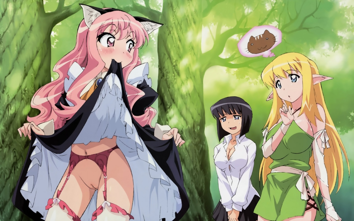 fujii masahiro, louise francoise le blanc de la valliere, siesta (zero no tsukaima), tiffania westwood, zero no tsukaima, nude filter, third-party edit, 00s, 3girls, animal ears, black hair, blonde hair, blouse, blue eyes, blush, breasts, bridal gauntlets, cat ears, cleavage, cleft of venus, clothes lift, dress, dress lift, elf, garter belt, halterneck, huge breasts, large breasts, long hair, multiple girls, pink hair, pointy ears, purple eyes, pussy, shirt, skirt, uncensored