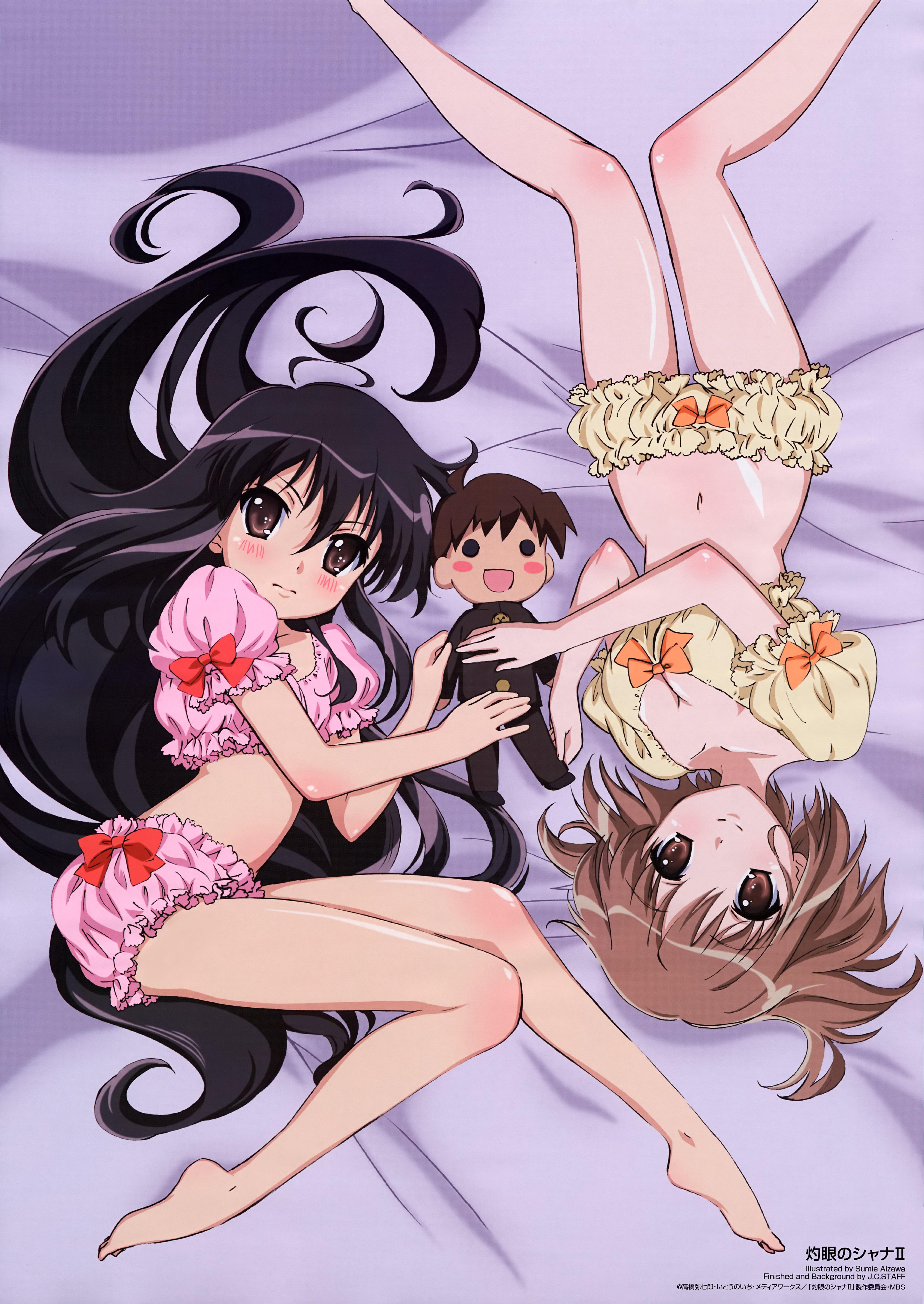sakai yuji, shana, yoshida kazumi, shakugan no shana, absurdres, highres, 00s, 2girls, black hair, breasts, brown eyes, brown hair, doll, feet, long hair, midriff, multiple girls, navel, short hair