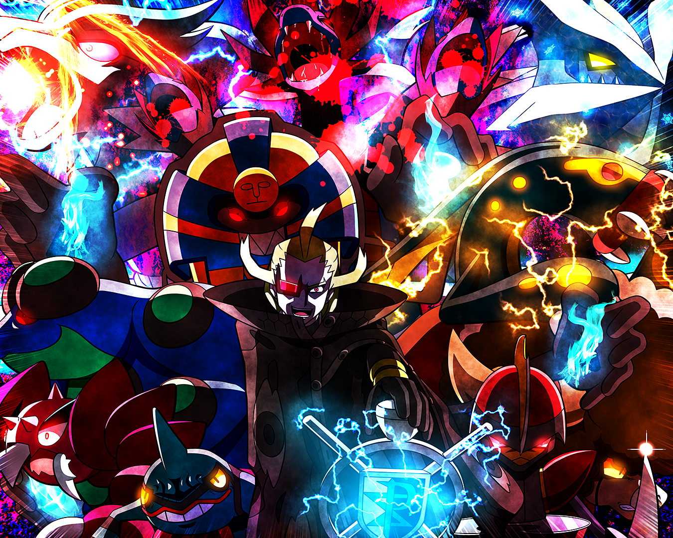 misterror, bisharp, bouffalant, cofagrigus, drapion, eelektross, ghetsis (pokemon), hydreigon, kyurem, reshiram, seismitoad, toxicroak, nintendo, pokemon, pokemon bw2, commentary request, 1boy, black gloves, black robe, closed mouth, electricity, energy ball, evil smile, fangs, gen 4 pokemon, gen 5 pokemon, gloves, glowing, glowing eyes, holding, legendary pokemon, male focus, monocle, opaque monocle, open mouth, pokemon (creature), popped collar, red-tinted eyewear, red eyes, robe, sharp teeth, smile, splatter, team plasma, teeth, tinted eyewear, v-shaped eyes