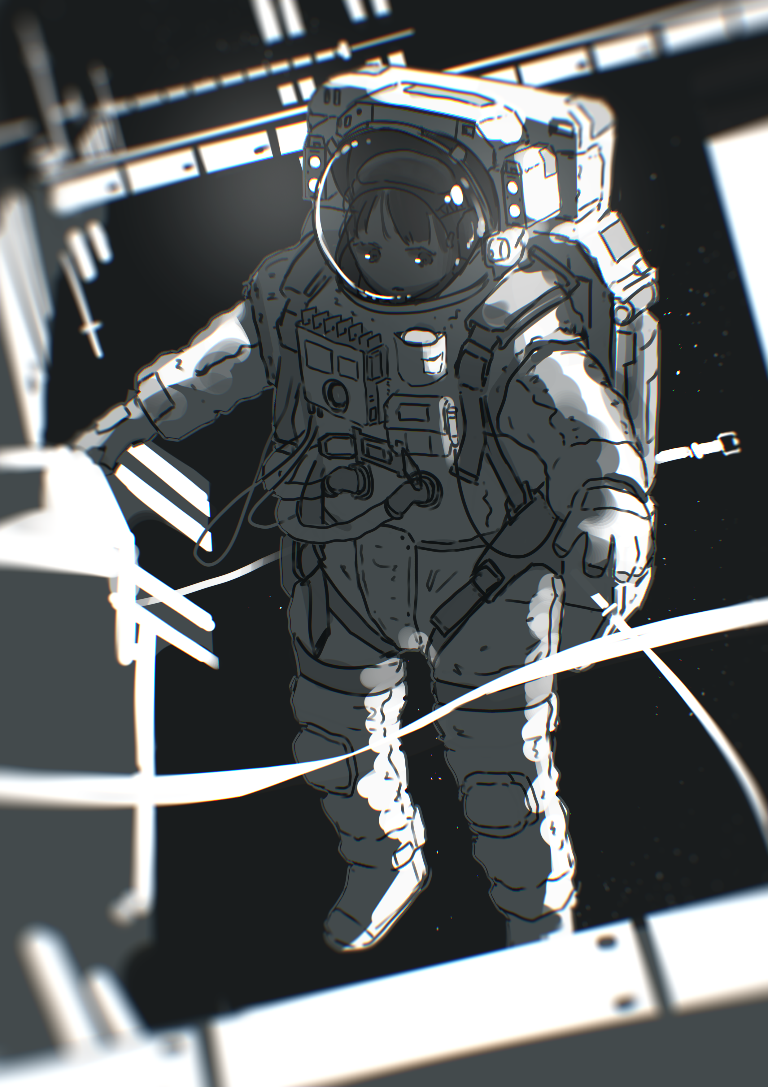 original, absurdres, commentary request, highres, 1girl, astronaut, blurry, blurry background, blurry foreground, depth of field, full body, greyscale, ishiki kondaku, looking at viewer, monochrome, solo, space, spacecraft, spacesuit, spacewalk