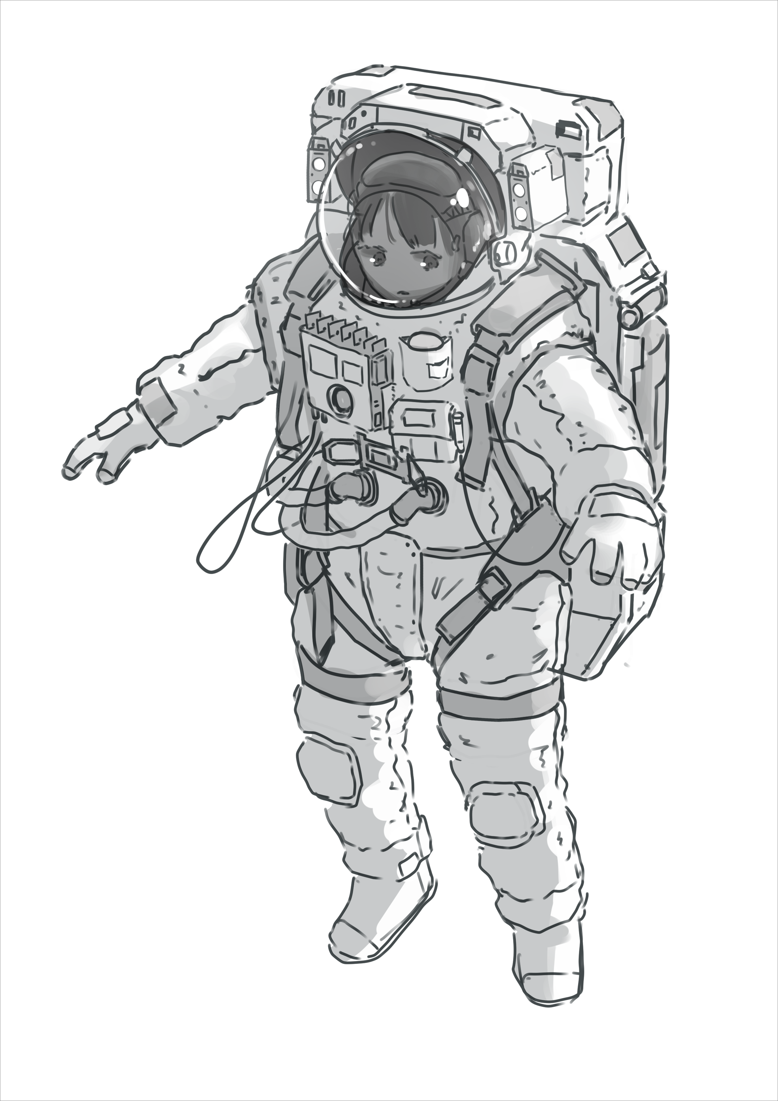original, absurdres, commentary request, highres, 1girl, astronaut, full body, greyscale, ishiki kondaku, looking at viewer, monochrome, simple background, solo, spacesuit