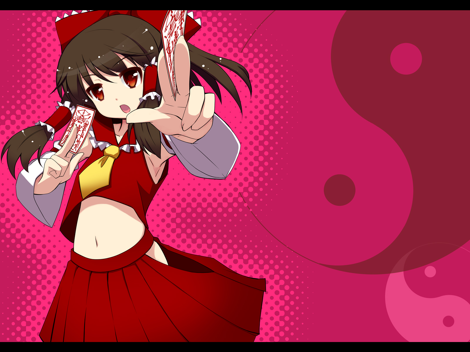 akino sora, hakurei reimu, touhou, highres, 1girl, :o, armpits, ascot, between fingers, bow, brown hair, clothing cutout, detached sleeves, female focus, foreshortening, hair bow, hakama, hakama skirt, halftone, hip vent, holding, japanese clothes, letterboxed, long hair, midriff, miko, navel, ofuda, ofuda between fingers, pink background, red eyes, red hakama, skirt, solo, yellow ascot, yin yang
