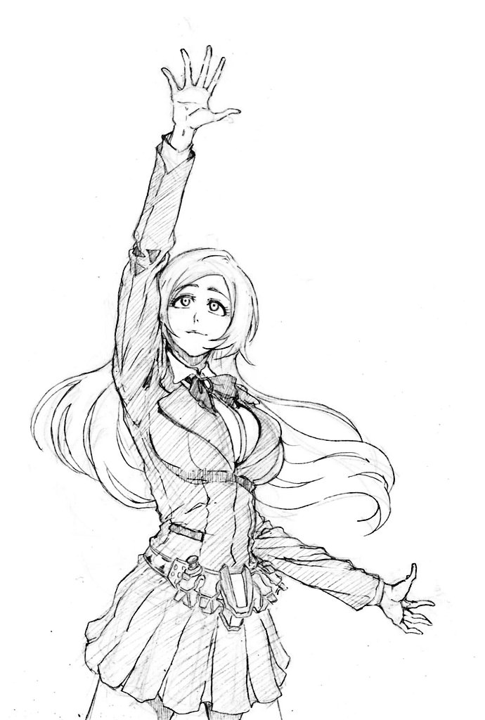 rakusakugk, inoue orihime, bleach, 1girl, bow, bowtie, breasts, closed mouth, collared shirt, cowboy shot, greyscale, hand up, jacket, kubo tite (style), large breasts, light smile, long hair, looking up, monochrome, parted bangs, pleated skirt, school uniform, shirt, sketch, skirt, solo, suit jacket, white background