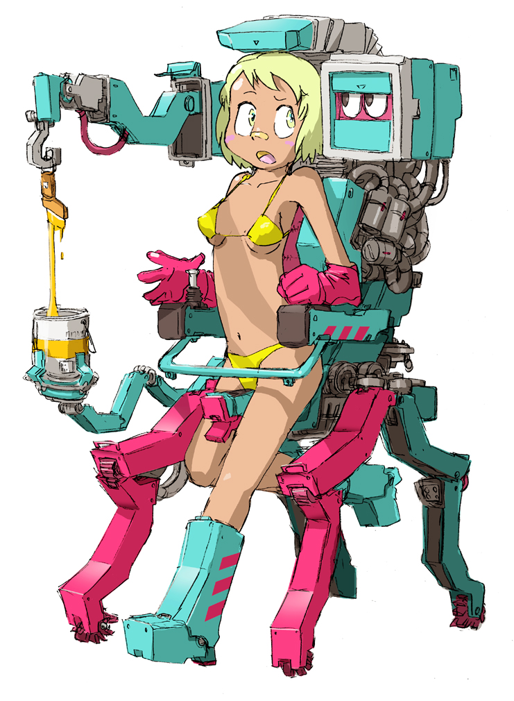 mzn, oekaki musume, original, vehicle, 1girl, bandaid, bandaid on face, bandaid on nose, bikini, blonde hair, dark-skinned female, dark skin, female focus, full body, gloves, mecha, paint, paint can, paintbrush, robot, short hair, simple background, solo, swimsuit, trim brush, white background, yellow bikini