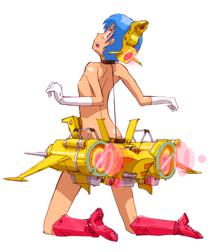 mzn, blue hair, boots, choker, flat chest, gloves, kneeling, mecha musume, mechabare, nude, short hair, solo