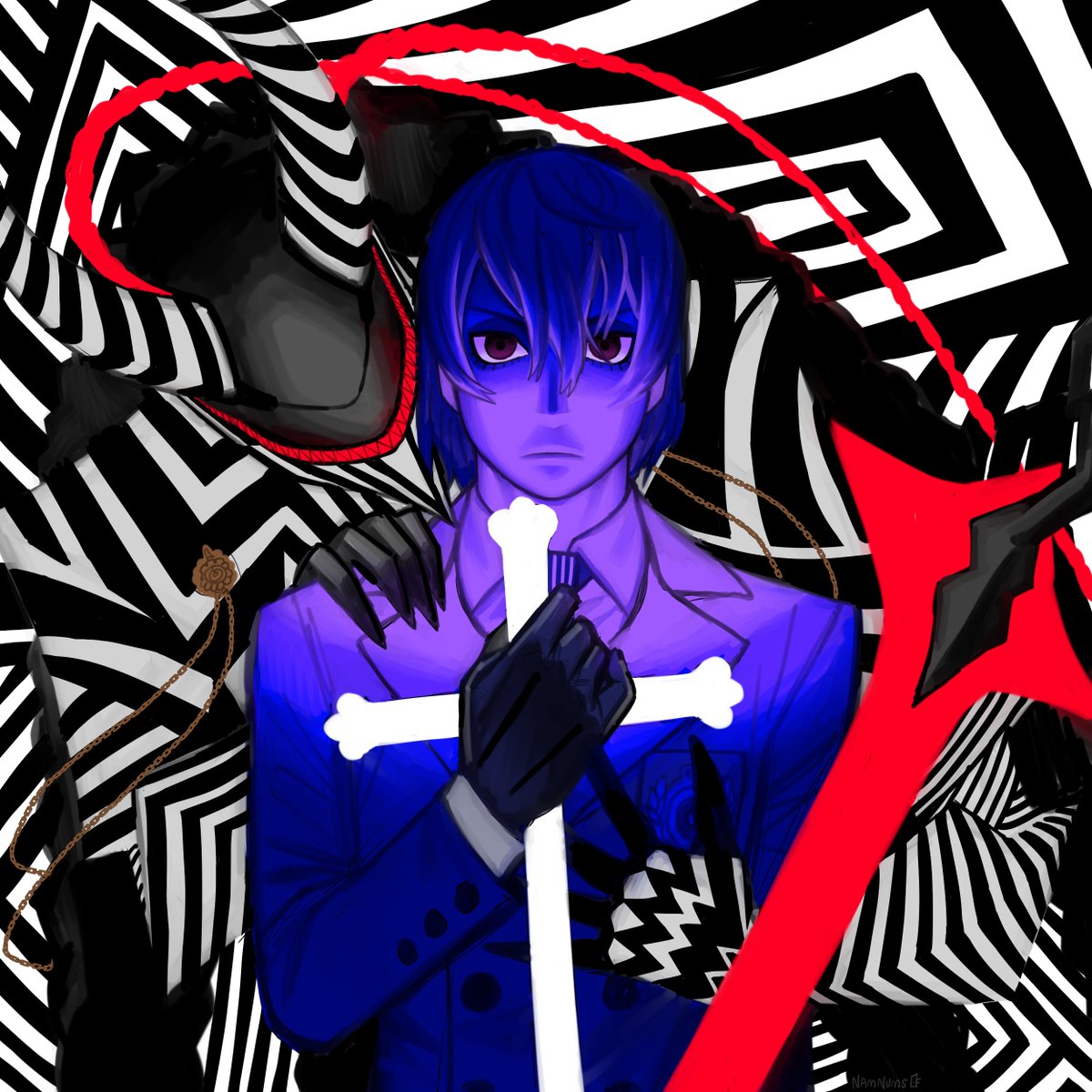 namnums, akechi gorou, loki (persona 5), persona, persona 5, commission, highres, 1boy, 1other, black gloves, black skin, blazer, blending, brooch, brown eyes, collared shirt, colored skin, colored teeth, cross, curved horns, frown, gloves, grin, hand on another's shoulder, hand up, holding, holding cross, horns, jacket, jewelry, latin cross, long sleeves, looking at viewer, male focus, multicolored skin, persona (summon), purple theme, red teeth, sharp teeth, shirt, short hair, smile, striped skin, teeth, two-tone skin, upper body, v-shaped eyebrows, white skin