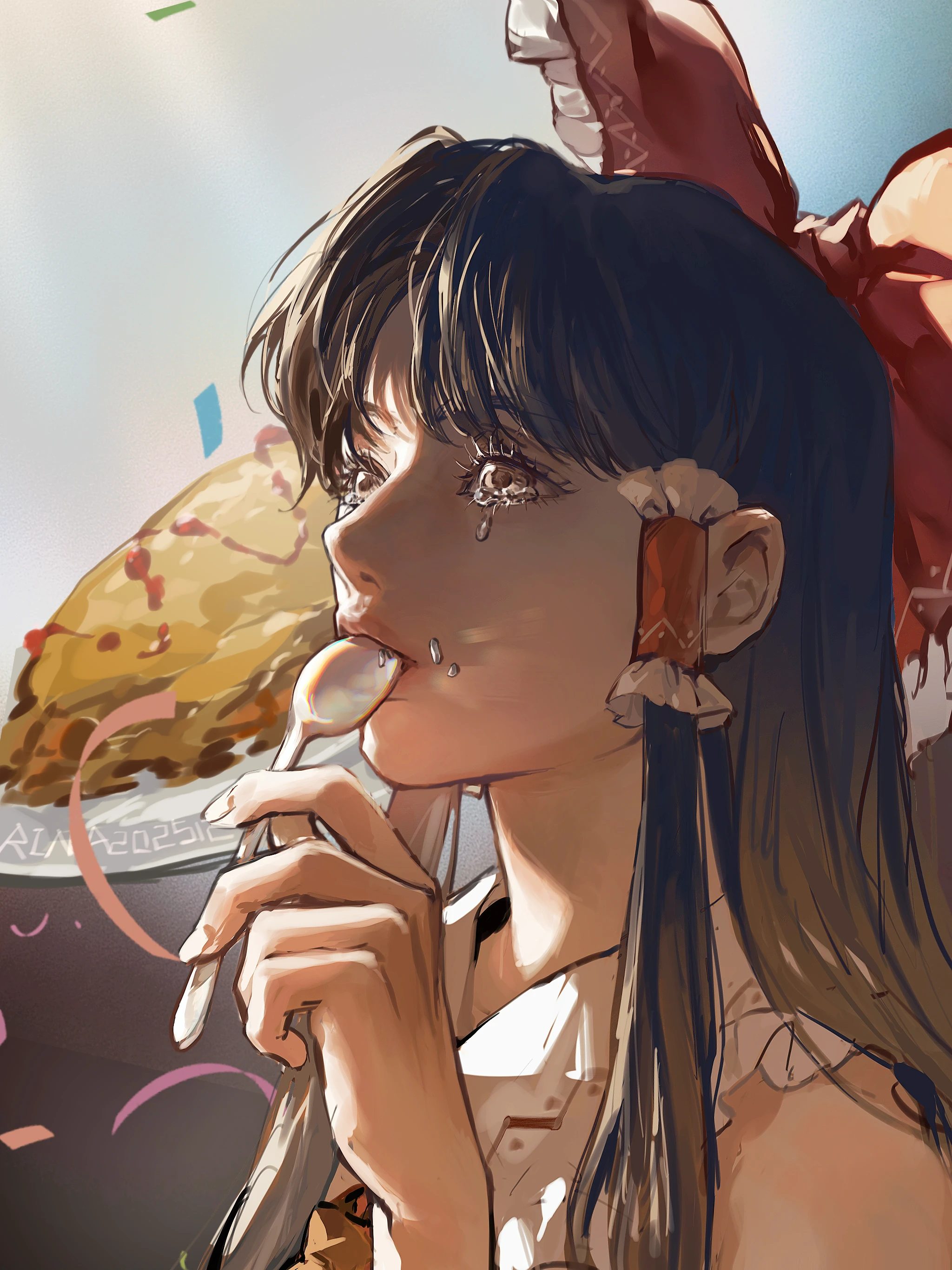 aihara-rina, hakurei reimu, touhou, absurdres, chinese commentary, commentary request, highres, 1girl, bow, brown eyes, brown hair, confetti, crying, crying with eyes open, food, food on face, frilled bow, frilled hair tubes, frills, hair bow, hair tubes, hand up, holding, holding spoon, long hair, omelet, omurice, plate, red bow, rice, solo, spoon, tears, upper body, utensil in mouth