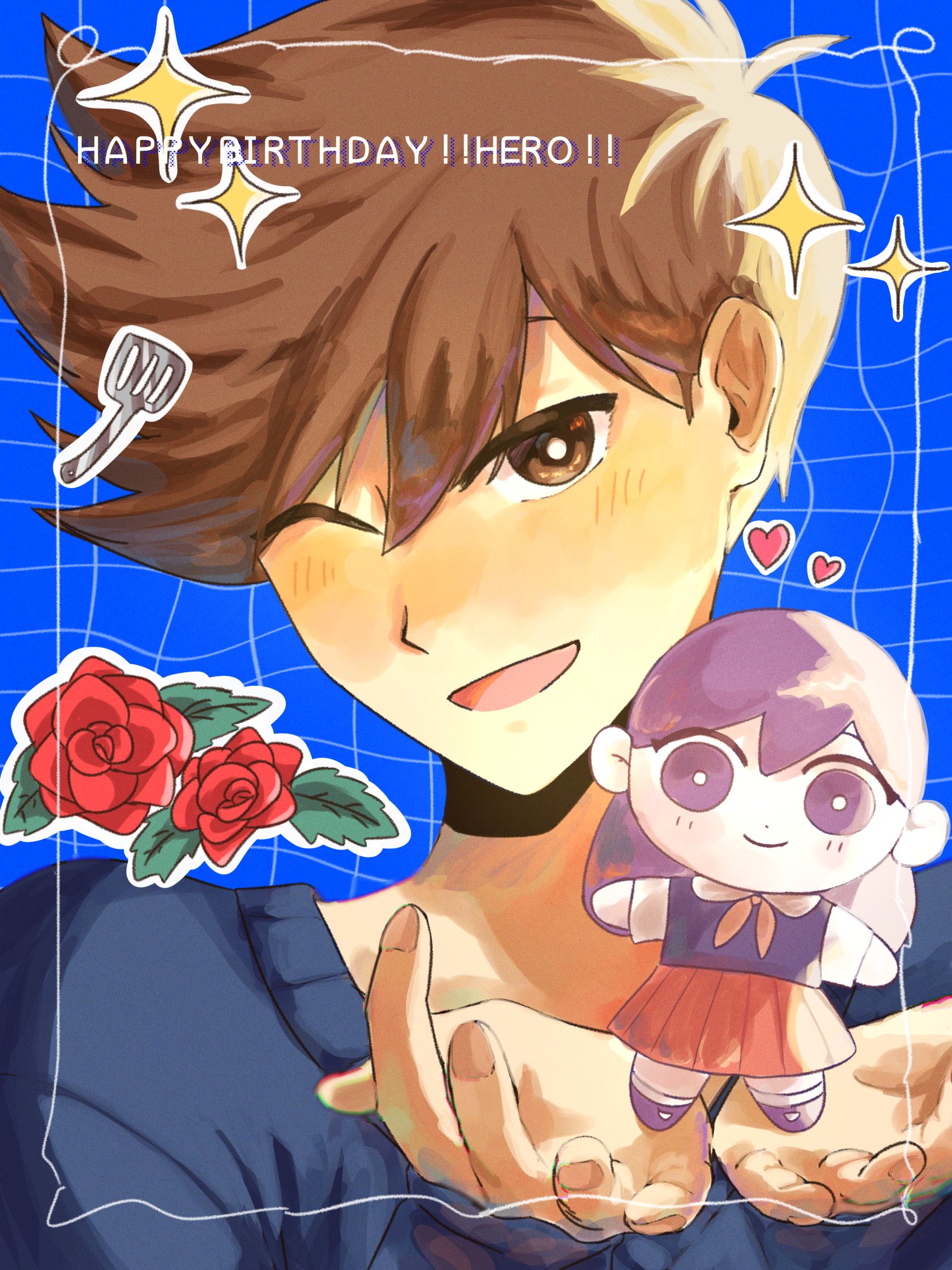 mari (headspace) (omori), mari (omori), omori, commentary request, highres, 1boy, antenna hair, blue sweater, blush, bright pupils, brown eyes, brown hair, character doll, character name, dark-skinned male, dark skin, doll, double-parted bangs, english text, hair between eyes, happy birthday, heart, holding, holding stuffed toy, long sleeves, looking at viewer, open mouth, short hair, sin01628, smile, solo, stuffed animal, stuffed toy, sweater, upper body, white pupils