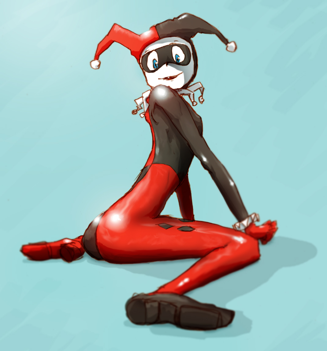 mzn, harley quinn, batman (series), dc comics, 1girl, ass, black bodysuit, blue eyes, bodysuit, domino mask, eye mask, female focus, gloves, hat, jester cap, latex, looking back, mask, over shoulder, sitting, skin tight, skinny, smile, solo, wariza