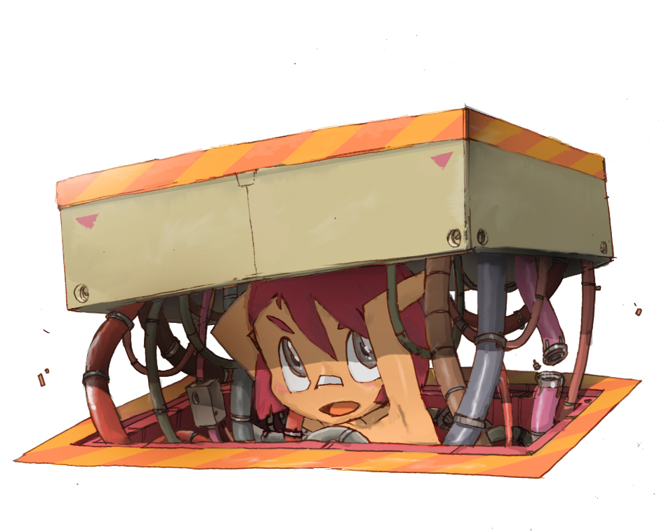 mzn, original, eyebrows, 1girl, androgynous, bandaid, bandaid on face, bandaid on nose, blush, cable, collarbone, female focus, grey eyes, looking at viewer, open mouth, pink hair, red hair, short hair, simple background, solo, topless female