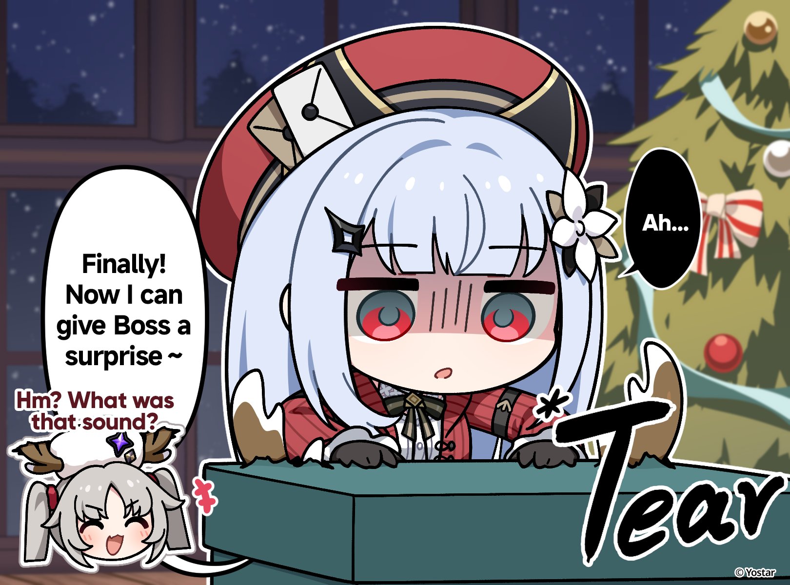 freesia (stella sora), laru (stella sora), stella sora, commentary, english commentary, highres, official art, 2girls, :3, :d, black gloves, blue hair, box, cardigan, christmas tree, dress, english text, fake antlers, freesia (the gift of falling snow) (stella sora), gloves, grey hair, hat, horned hat, in box, in container, laru (snowish) (stella sora), long hair, long sleeves, multiple girls, neck ribbon, night, open cardigan, open clothes, open mouth, parted bangs, red cardigan, red eyes, red hat, ribbon, shaded face, sidelocks, smile, solo focus, sound effects, speech bubble, twintails, white dress, white hat