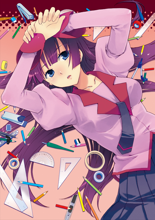 akitsu, akitsu mikami, senjougahara hitagi, bakemonogatari, monogatari (series), 00s, 1girl, blue eyes, breasts, colored pencil, compass, female focus, large breasts, long hair, lying, necktie, pen, pencil, purple hair, ruler, school uniform, set square, solo, tape, wooden pencil