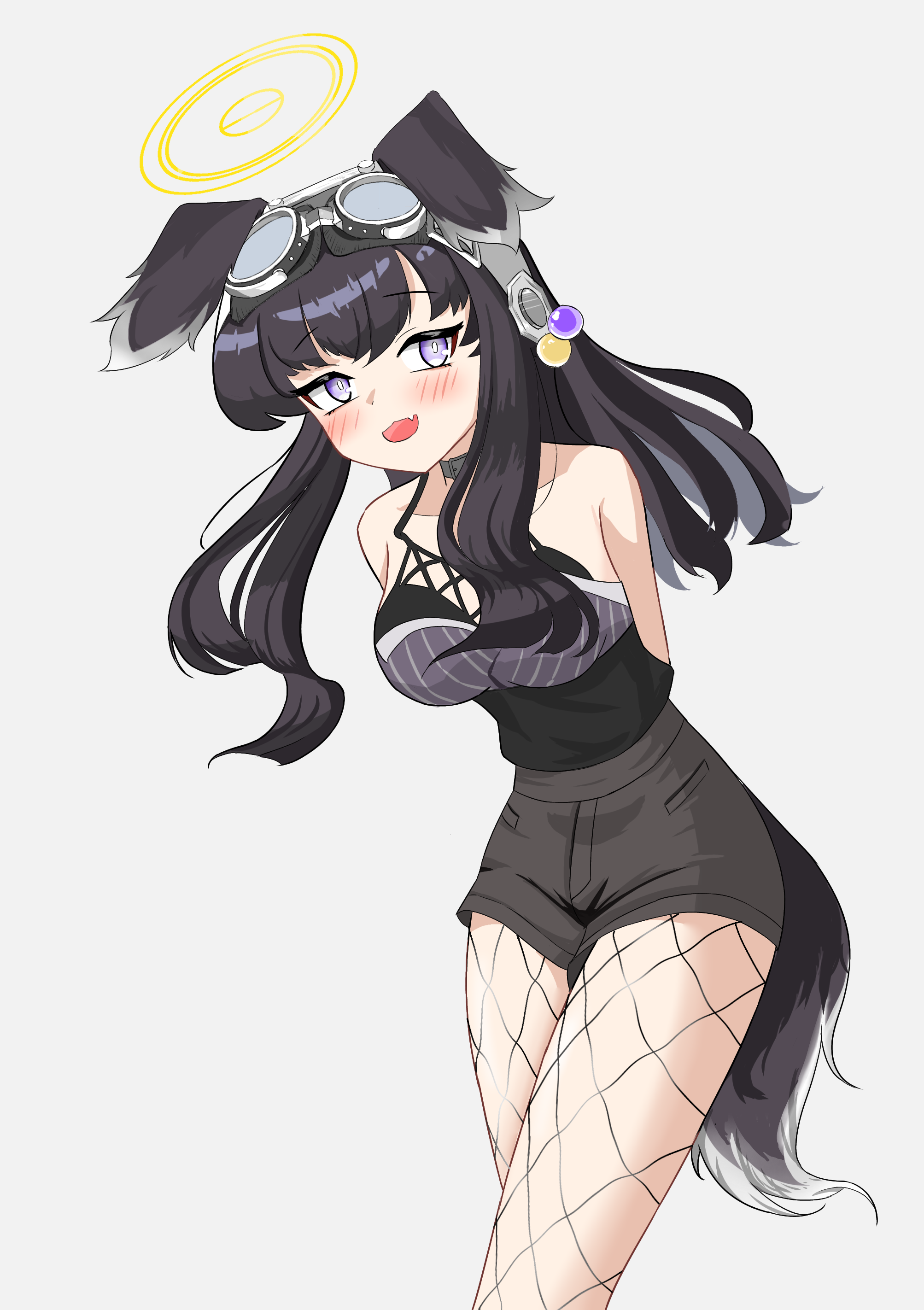 hibiki (blue archive), blue archive, absurdres, commentary request, highres, korean commentary, 1girl, animal ears, black hair, blush, dog ears, dog girl, dog tail, fishnet pantyhose, fishnet thighhighs, fishnets, goggles, goggles on head, halo, long hair, looking at viewer, open mouth, pantyhose, purple eyes, simple background, smile, solo, tail, thighhighs, user dekc7423, white background, yellow halo
