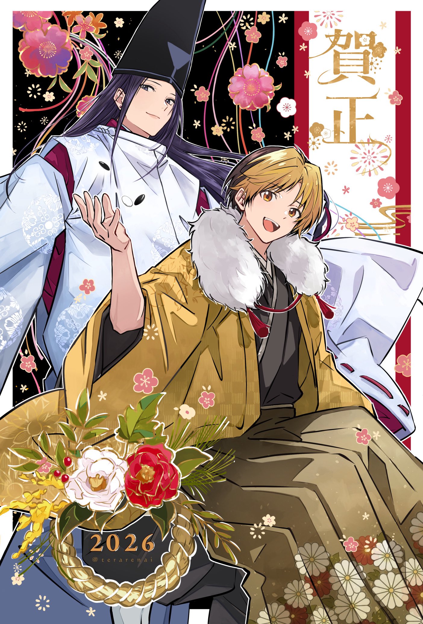 terarenai, fujiwara no sai, shindou hikaru, hikaru no go, commentary request, highres, 2026, 2boys, black hair, black hat, blonde hair, board game, border, brown eyes, brown hair, closed mouth, feet out of frame, furisode, go (board game), grey eyes, hakama, haori, happy new year, hat, japanese clothes, kariginu, kimono, long hair, looking at viewer, male focus, multicolored hair, multiple boys, new year, open mouth, parted bangs, short hair, smile, tate eboshi, teeth, two-tone hair, upper teeth only, white border, yellow haori