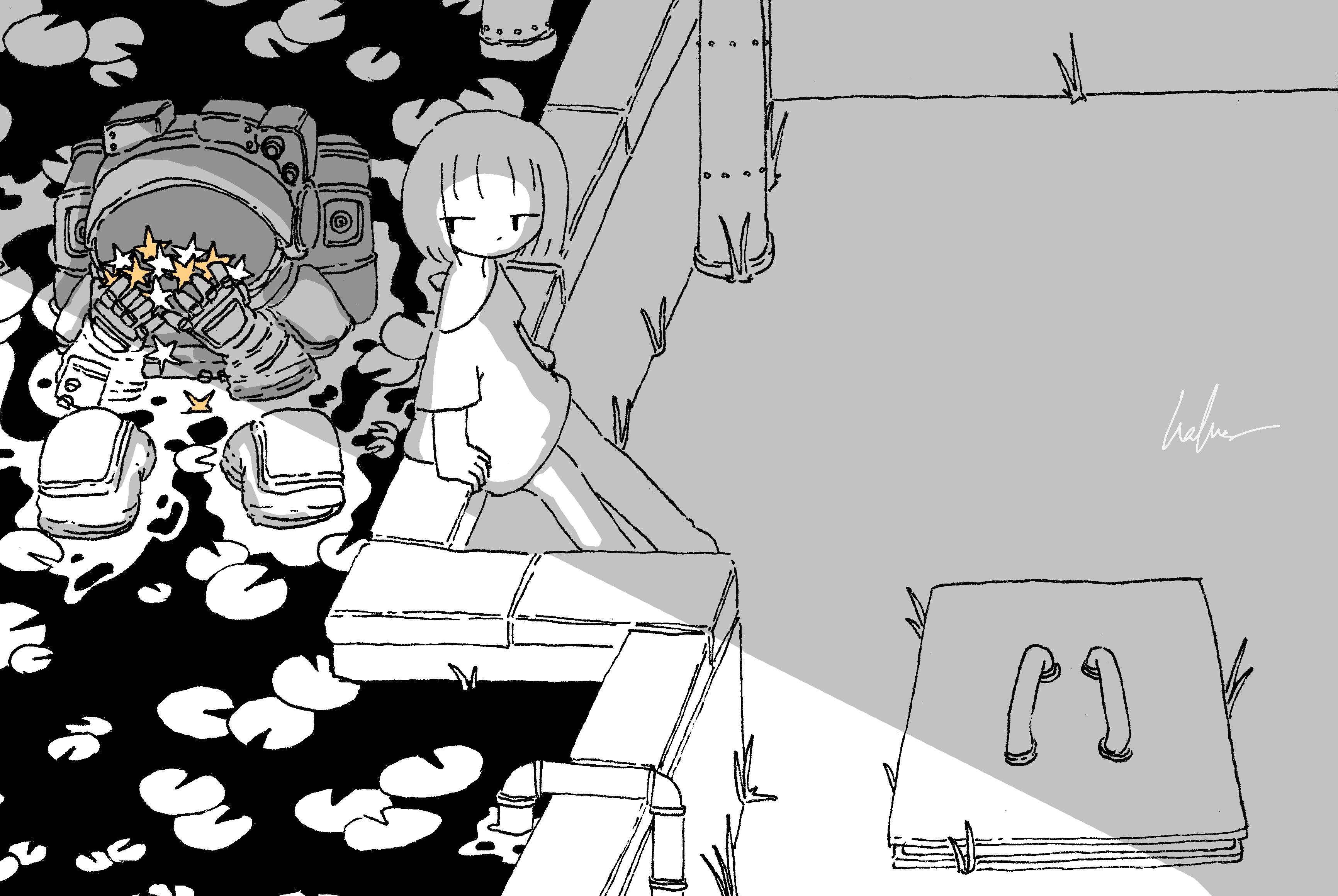 kaduise, original, absurdres, commentary, highres, 1girl, 1other, greyscale, lily pad, looking at another, looking back, monochrome, oversized clothes, oversized shirt, partially submerged, shirt, short hair, short sleeves, signature, single off shoulder, sitting, spacesuit, spot color, star (symbol), t-shirt, water, wide shot