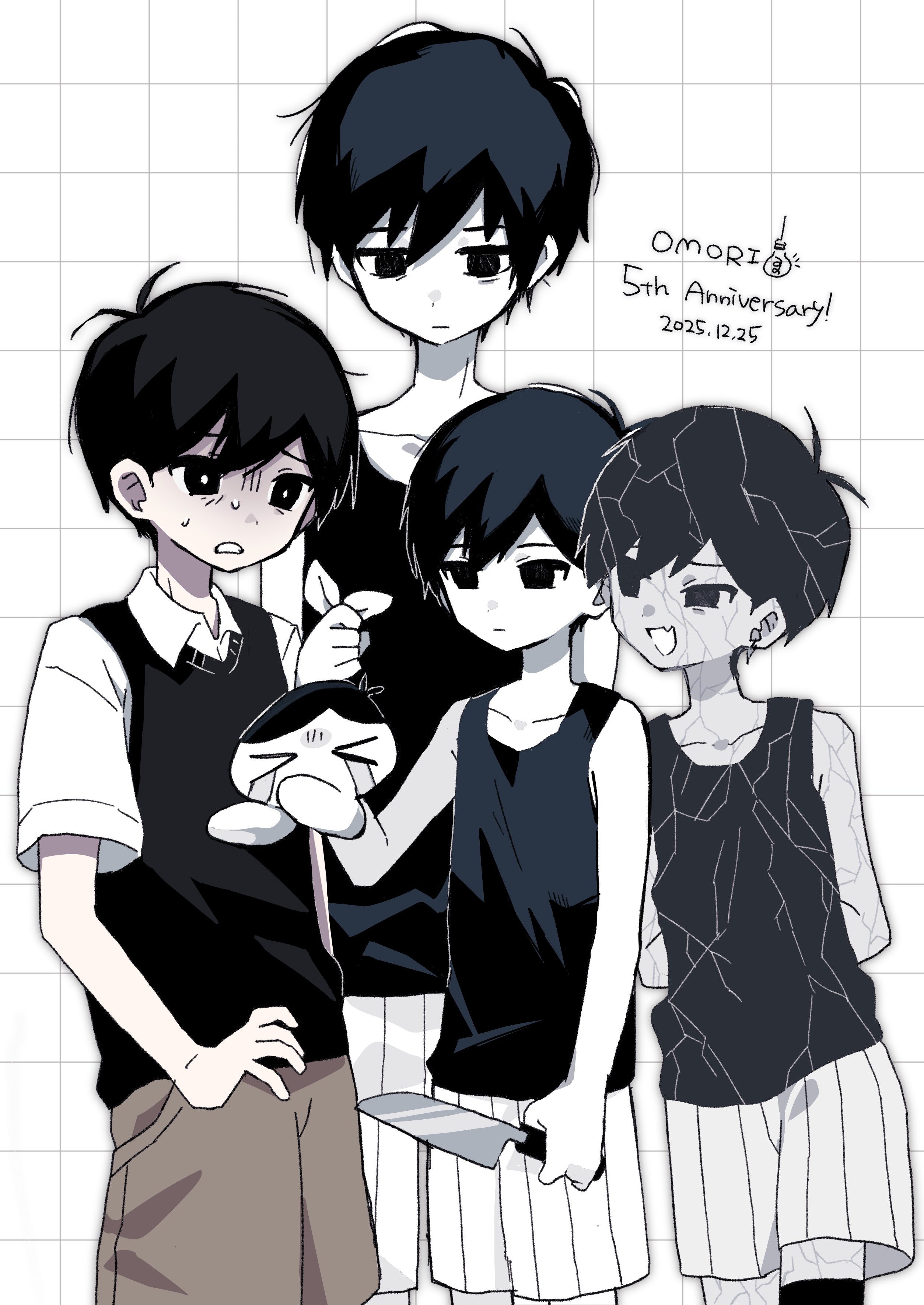 omoli (omori), omori (omori), omoriboy, shattered omori (omori), sunny (omori), omori, absurdres, commentary request, highres, 06ori, 4boys, anniversary, antenna hair, arms behind back, black eyes, black hair, black sweater vest, black tank top, black thighhighs, bright pupils, brown shorts, closed mouth, collarbone, collared shirt, colored skin, copyright name, dated, double-parted bangs, dual persona, english text, fang, hair between eyes, looking at another, male focus, multiple boys, open mouth, shirt, short sleeves, shorts, skin fang, striped clothes, striped shorts, sweat, sweater vest, tank top, thighhighs, vertical-striped clothes, vertical-striped shorts, white pupils, white shirt, white shorts, white skin