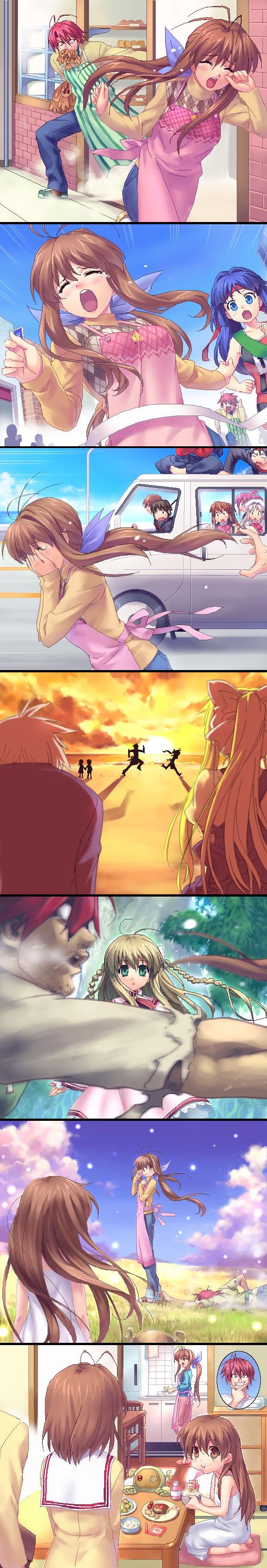 zen, furukawa akio, furukawa sanae, garbage doll, girl from the illusionary world, inohara masato, kamio misuzu, kunisaki yukito, miyazawa kengo, naoe riki, natsume kyousuke, natsume rin, noumi kudryavka, saigusa haruka, air (visual novel), clannad, kanon, key (company), little busters!, rewrite, absurdres, character request, highres, long image, tall image, 00s, 10s, beach, chasing, company connection, crossover, ocean, sunset, time paradox