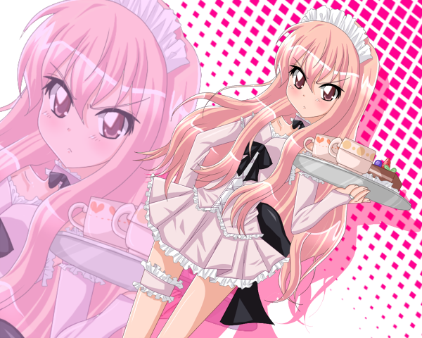 shirato sayuri, louise francoise le blanc de la valliere, zero no tsukaima, 00s, blush, bridal gauntlets, dress, long hair, pink eyes, pink hair, standing, waitress