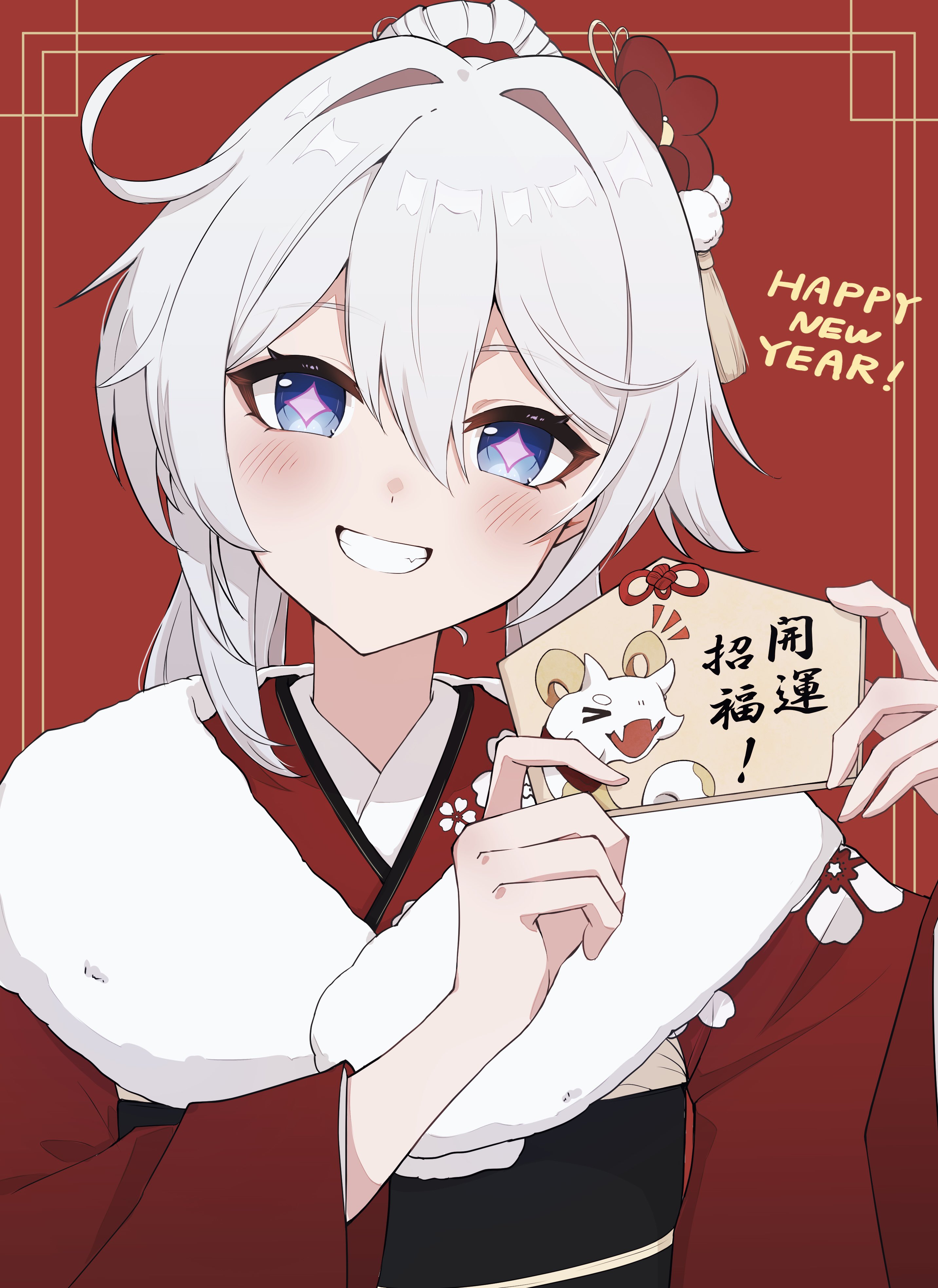 torein (and rain3), kiana kaslana, kiana kaslana (ba-dum! fiery wishing star), honkai (series), honkai impact 3rd, absurdres, highres, 1girl, ahoge, alternate costume, blue eyes, diamond-shaped pupils, diamond (shape), flower, hair flower, hair ornament, happy new year, holding, japanese clothes, kimono, long hair, looking at viewer, new year, red kimono, rice cake (honkai impact), smile, solo, symbol-shaped pupils, very long hair, white hair
