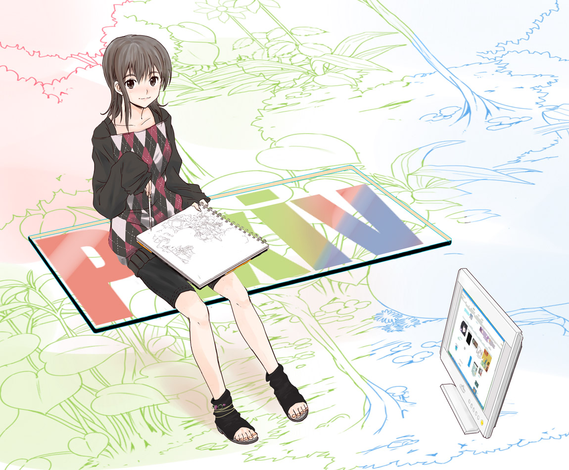 yuu (1007yu), oekaki musume, original, drawing, 1girl, anklet, blush, brown eyes, brown hair, female focus, jewelry, mechanical pencil, monitor, nail polish, pencil, sitting, smile, solo, spandex, sweater, toeless legwear, toenail polish, toenails, toes