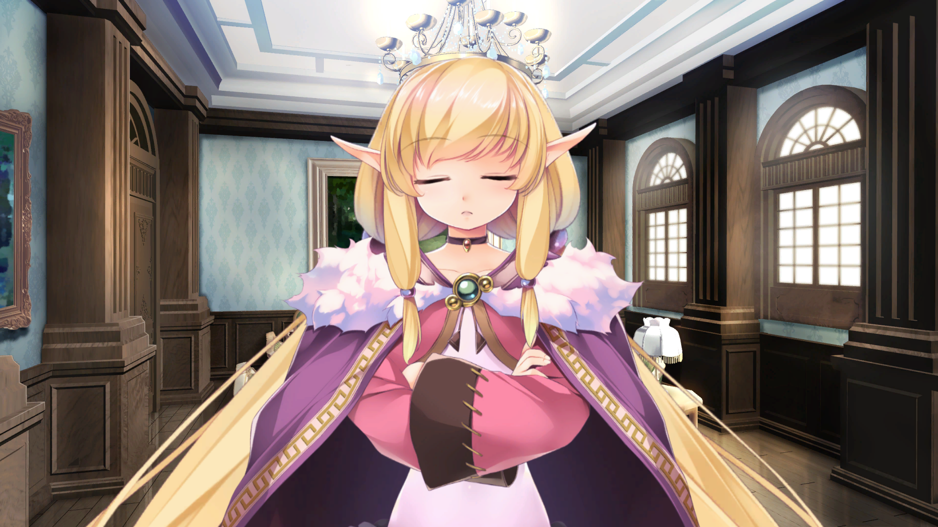 atelier-moo, synsya, our battle has just begun!, game cg, highres, non-web source, 1girl, blonde hair, ceiling, choker, cloak, closed eyes, closed mouth, cropped jacket, crossed arms, day, door, elf, fur-trimmed cloak, fur trim, indoors, jacket, leotard, long hair, long pointy ears, long sleeves, low-tied sidelocks, low twintails, narrow waist, painting (object), pink jacket, pointy ears, purple choker, purple cloak, sidelocks, solo, standing, straight-on, twintails, upper body, very long hair, white leotard, wide sleeves, window, wooden floor