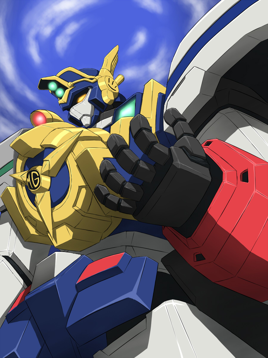 taro, might gaine, yuusha series, yuusha tokkyuu might gaine, highres, day, from below, looking down, mecha, no humans, outdoors, robot, sky, solo