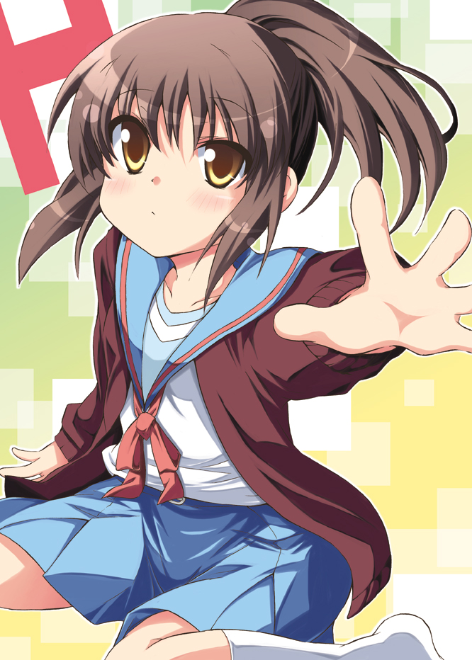 k hiro, kyonko, suzumiya haruhi no yuuutsu, 00s, 1girl, brown eyes, brown hair, cardigan, female focus, genderswap, genderswap (mtf), kneeling, long hair, outstretched arm, outstretched hand, ponytail, reaching, school uniform, serafuku, socks, solo, white socks
