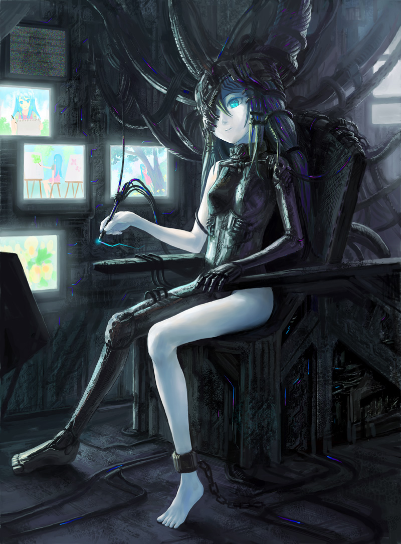 denki, oekaki musume, original, bad id, bad pixiv id, 1girl, aqua eyes, barefoot, cable, cyborg, feet, female focus, long hair, mecha, mechabare, monitor, pale skin, pen, robot, smile, solo, twintails