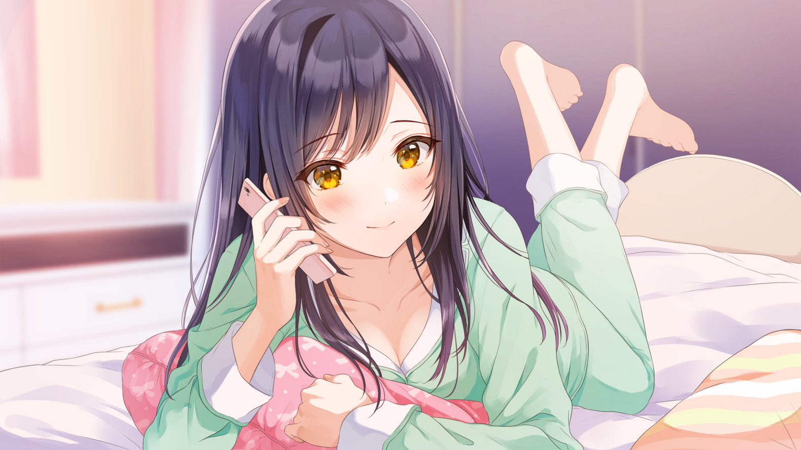 yatomi, original, commentary request, 1girl, bed, blush, breasts, cellphone, cleavage, feet, green pajamas, holding, holding phone, holding pillow, indoors, long hair, lying, on bed, on stomach, pajamas, phone, pillow, sleepwear, smartphone, talking on phone