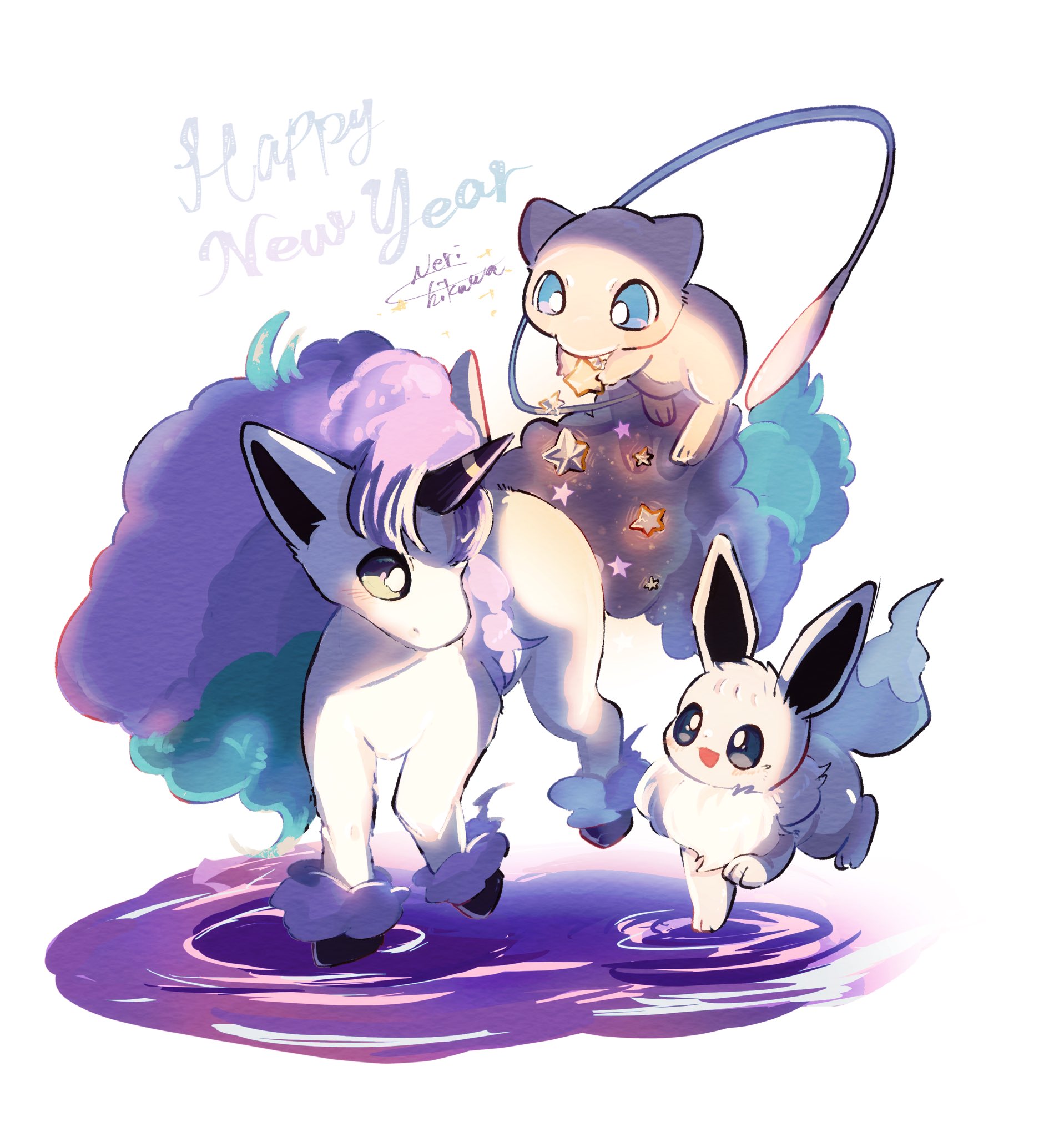 banchiku, eevee, galarian ponyta, mew (pokemon), nintendo, pokemon, commentary request, highres, alternate color, blue eyes, blush, floating, galarian form, gen 1 pokemon, gen 8 pokemon, happy new year, legendary pokemon, mythical pokemon, new year, no humans, pokemon (creature), shiny pokemon, simple background, smile, standing, standing on liquid, star (symbol), unicorn, water, white background