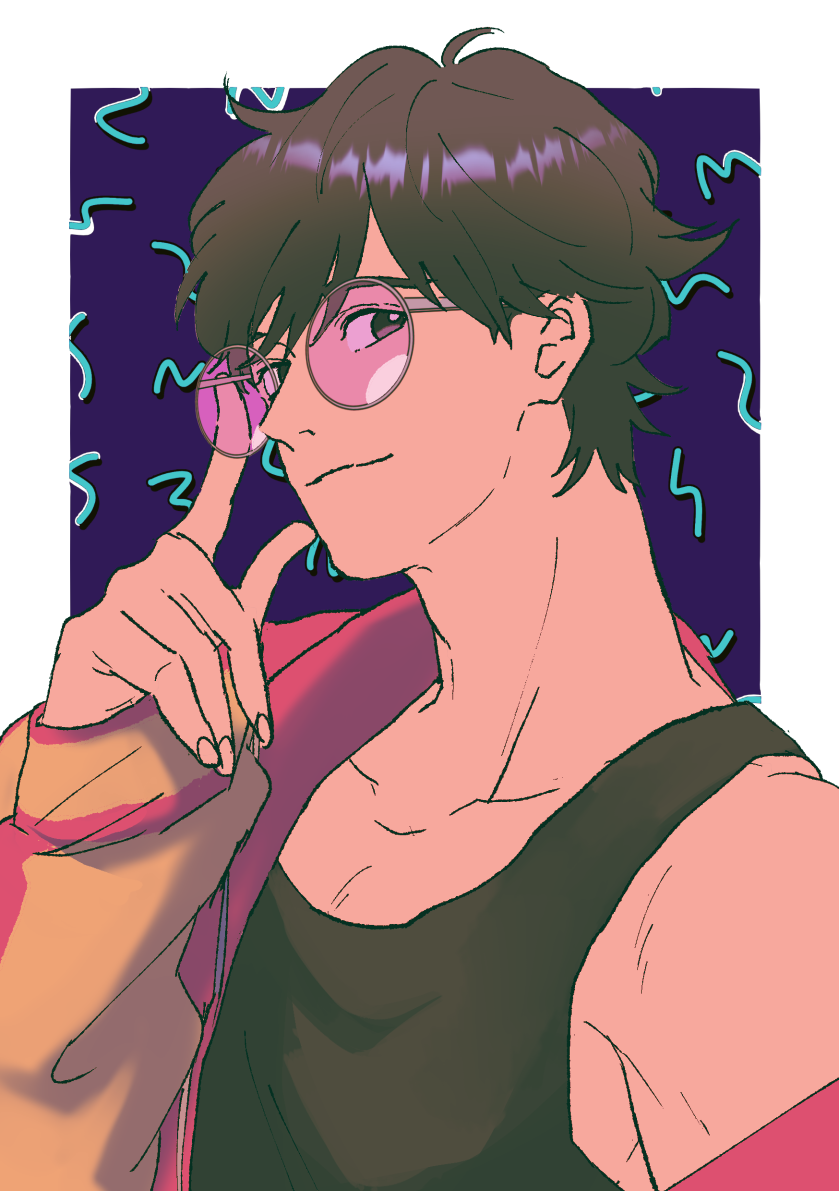 hana (dkrnn), okumura eiji, banana fish, commentary request, 1boy, black hair, black tank top, border, brown eyes, closed mouth, glasses, jacket, long sleeves, looking at viewer, male focus, outside border, pink-tinted eyewear, round eyewear, short hair, solo, tank top, tinted eyewear, white border
