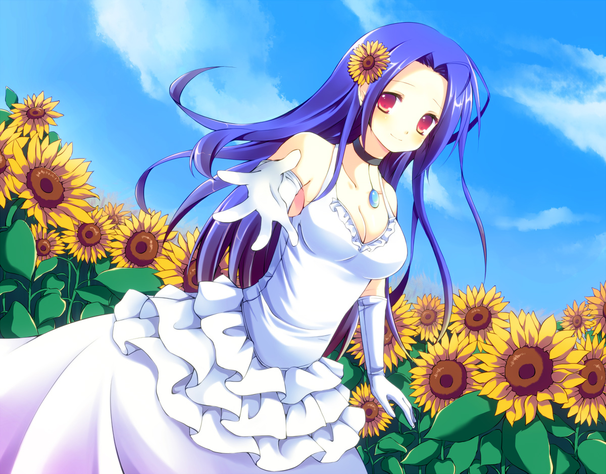 cresc-dol, miura azusa, idolmaster, idolmaster (classic), bad id, bad pixiv id, 00s, 1girl, blue hair, breasts, bride, cleavage, dress, elbow gloves, female focus, flower, gloves, hair flower, hair ornament, large breasts, long hair, outstretched arm, outstretched hand, reaching, red eyes, solo, sunflower, wedding dress