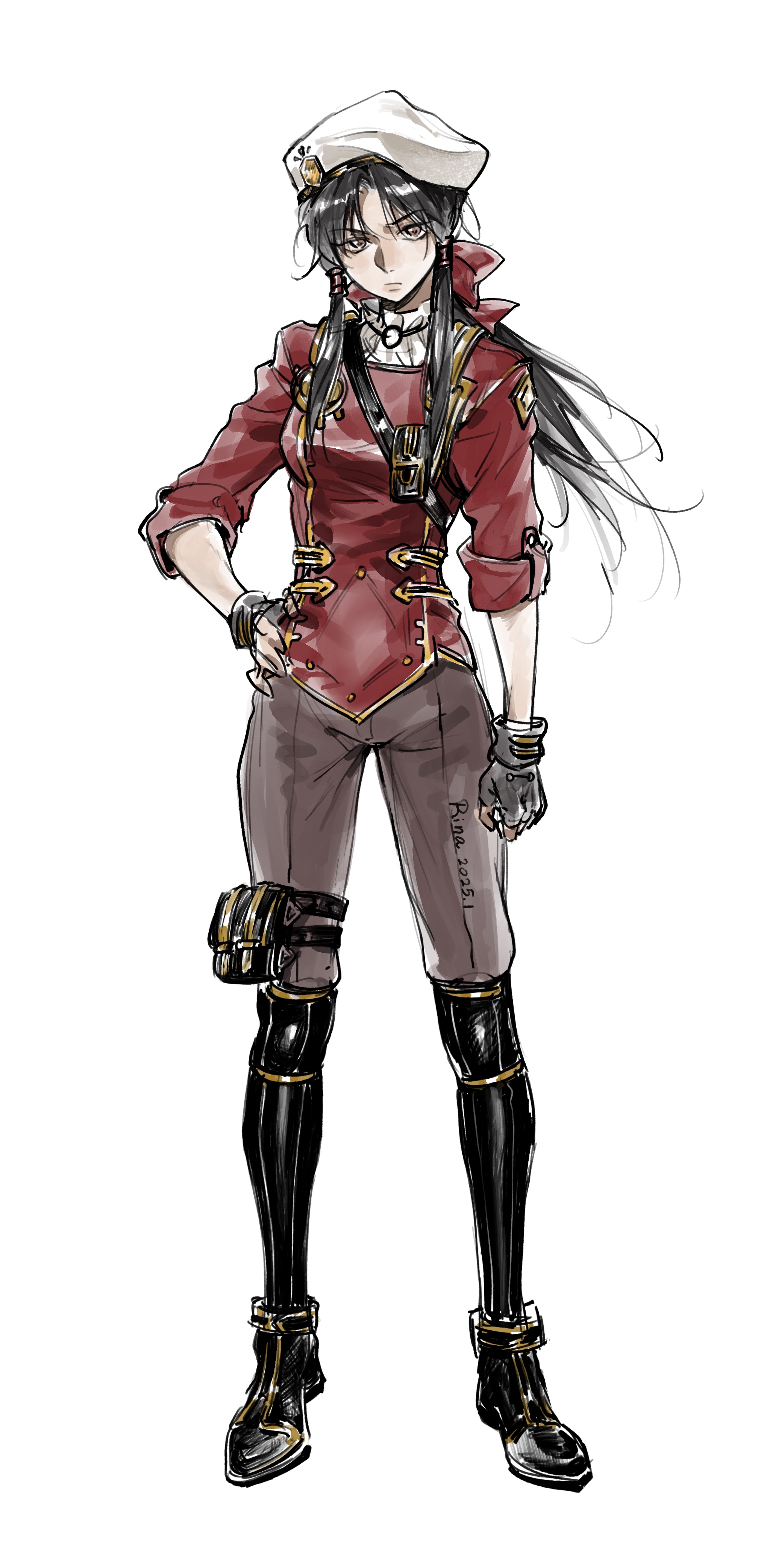 aihara-rina, hakurei reimu, touhou, absurdres, chinese commentary, commentary request, highres, 1girl, alternate costume, artist name, black boots, black gloves, black hair, black socks, boots, brown eyes, brown pants, closed mouth, dated, fingerless gloves, full body, gloves, hair tubes, hand on own hip, hat, kneehighs, looking at viewer, pants, pouch, red shirt, shirt, simple background, sleeves rolled up, socks, solo, thigh pouch, white background, white hat