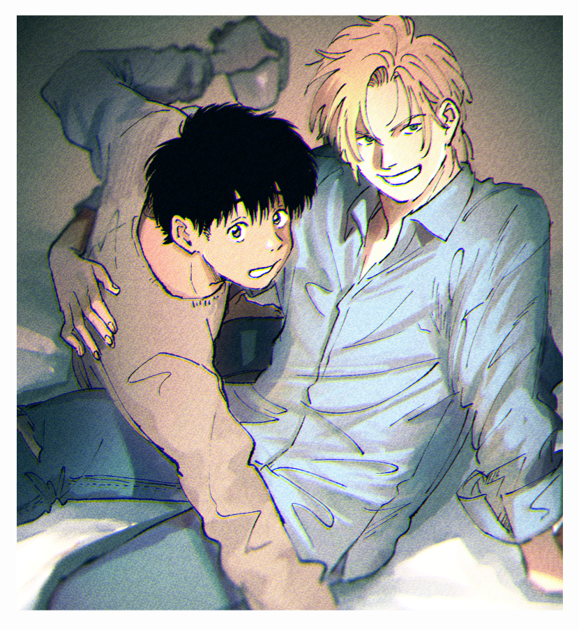 hana (dkrnn), ash lynx, okumura eiji, banana fish, commentary request, 2boys, black hair, blonde hair, blue shirt, border, brown eyes, brown shirt, collared shirt, cup, denim, green eyes, holding, holding cup, jeans, looking at viewer, male focus, multiple boys, pants, shirt, short hair, sitting, smile, torn clothes, torn pants, white border