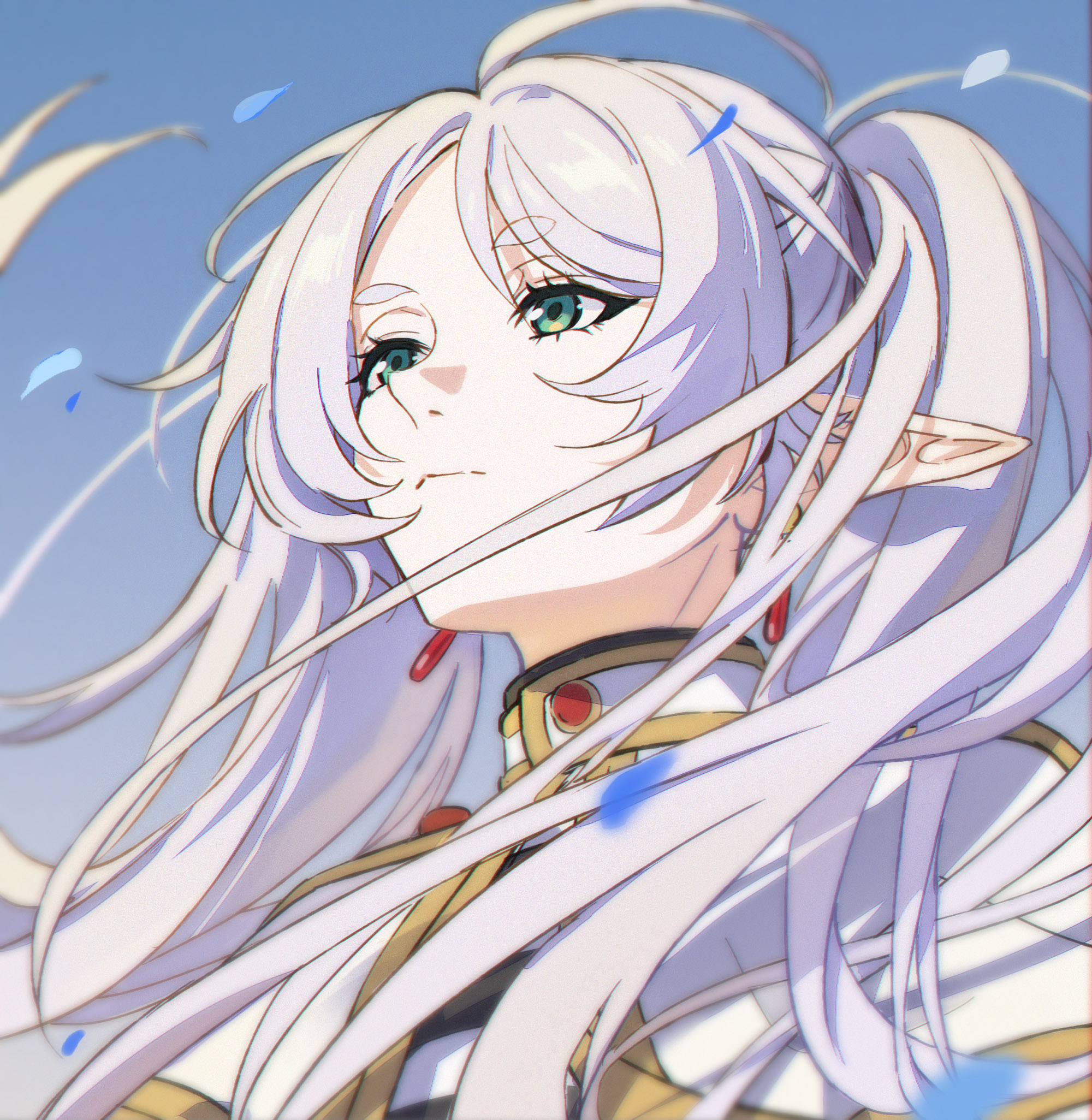 qinghong zaoshu, frieren, original, sousou no frieren, commentary request, highres, 1girl, blue background, capelet, closed mouth, earrings, elf, falling petals, floating hair, from below, holding, holding staff, jewelry, looking up, meme, petals, pointy ears, solo, staff, teardrop earrings, twintails, upward angle frieren drawing (meme), white capelet, white hair