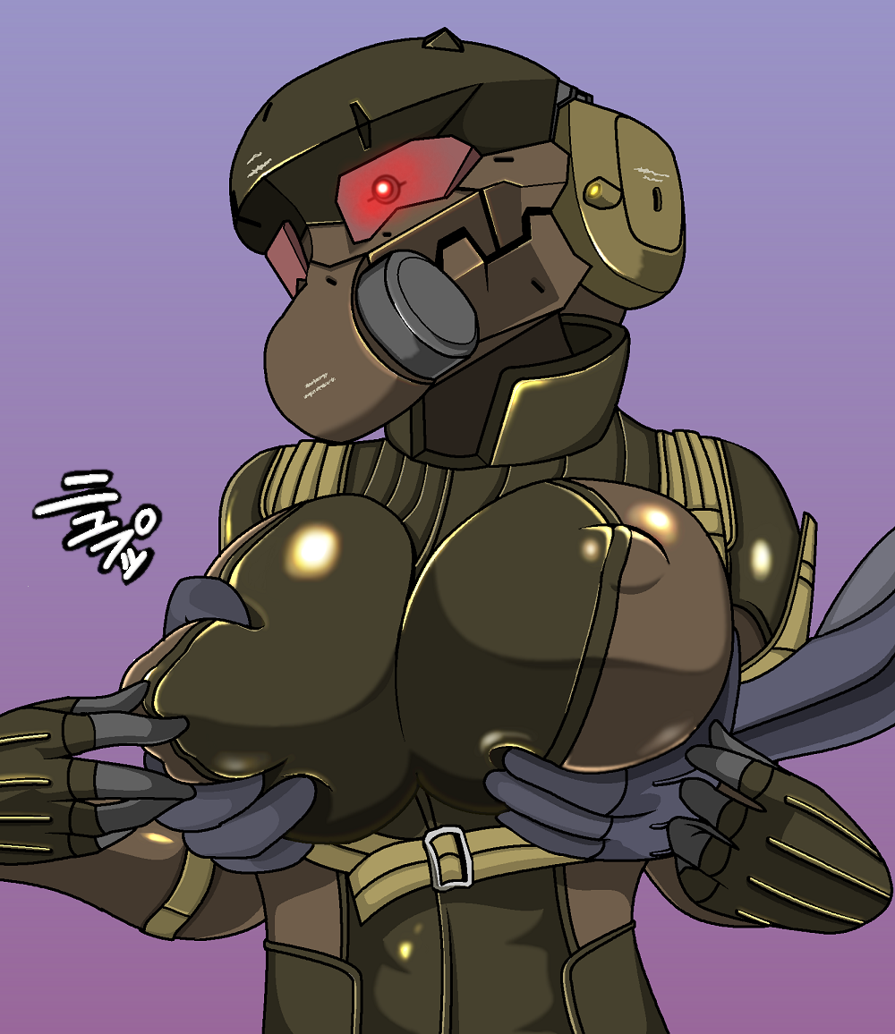 joy (artist), frogs (mgs), haven trooper, metal gear (series), metal gear solid 4: guns of the patriots, translation request, 1girl, bodysuit, breasts, covered erect nipples, grabbing another's breast, groping, huge breasts, mercenary, military, military uniform, paramilitary, pmc, private military company, sneaking suit, text focus