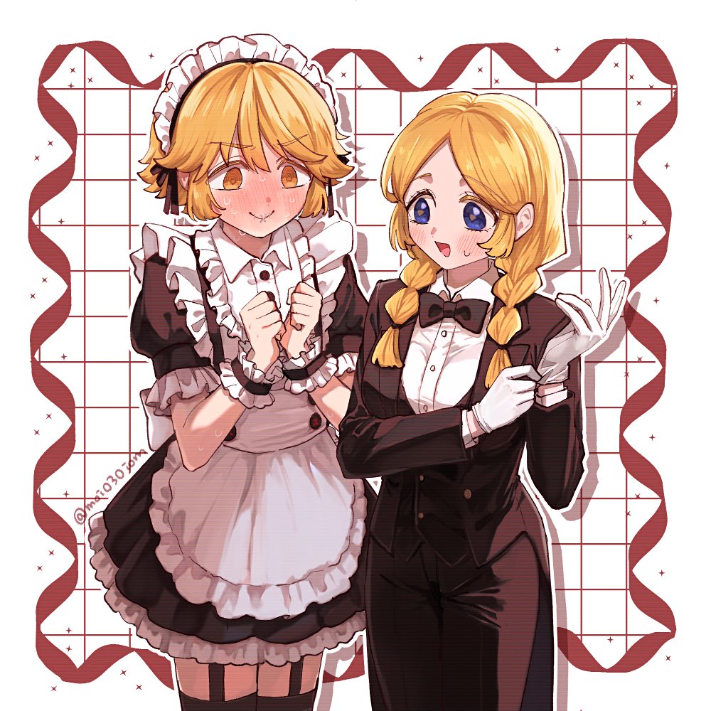 victor grantz, identity v, commentary request, 1boy, 1girl, adjusting clothes, adjusting gloves, alternate costume, anne lester, apron, black bow, black bowtie, black pants, black ribbon, black suit, black thighhighs, blonde hair, blue eyes, blush, bow, bowtie, braid, coattails, collared shirt, cowboy shot, crossdressing, crossdressing (ftm), crossdressing (mtf), dress, embarrassed, enmaided, formal clothes, frilled apron, frilled dress, frilled headwear, frilled wrist cuffs, frills, gloves, hand up, hands up, jacket, maid, maid headdress, middle part, moio3oiom, nervous smile, nervous sweating, pants, parted hair, puffy short sleeves, puffy sleeves, ribbon, shirt, short sleeves, smile, stitched mouth, stitches, suit, suit jacket, sweat, tailcoat, thighhighs, twin braids, waist apron, white apron, white gloves, white shirt, wispy bangs, wrist cuffs, yellow eyes