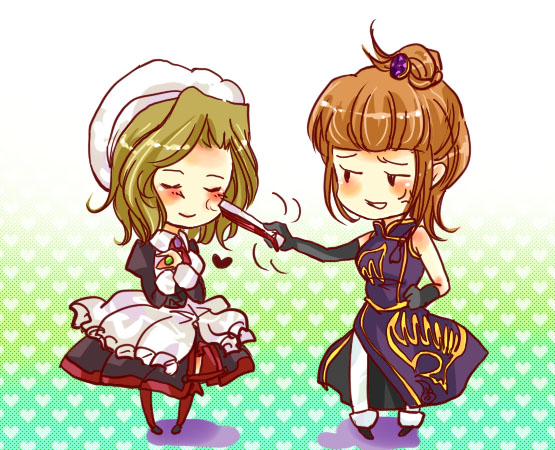 serie (haru113), serie (serie9), shannon (umineko), ushiromiya eva, umineko no naku koro ni, 00s, 2girls, brown hair, closed eyes, dress, hand fan, maid, multiple girls, orange hair, poking, short hair, smile, thighhighs