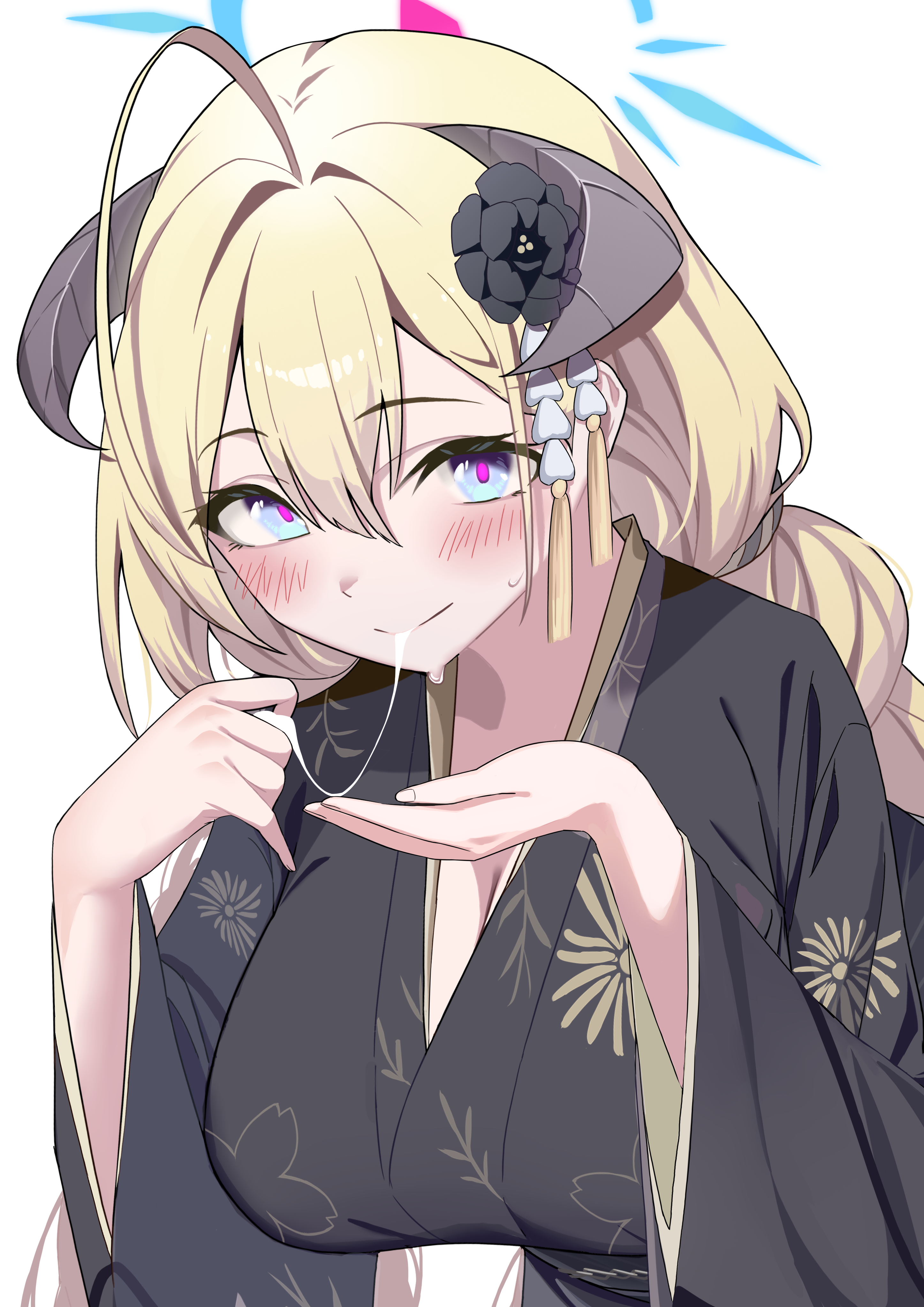 mizumok1, akari (blue archive), akari (new year) (blue archive), blue archive, absurdres, commentary, highres, 1girl, ahoge, black flower, black horns, black kimono, black rose, blonde hair, blue eyes, blue halo, blush, breasts, brown horns, cleavage, closed mouth, demon horns, floral print, floral print kimono, flower, food, food in mouth, forward-facing horns, hair between eyes, hair flower, hair ornament, halo, horns, japanese clothes, kimono, large breasts, long hair, looking at viewer, low twintails, mochi, mochi trail, multicolored halo, official alternate costume, pink pupils, print kimono, red halo, rose, sexually suggestive, simple background, smile, suggestive fluid, sweat, sweatdrop, twintails, two-tone halo, upper body, white background