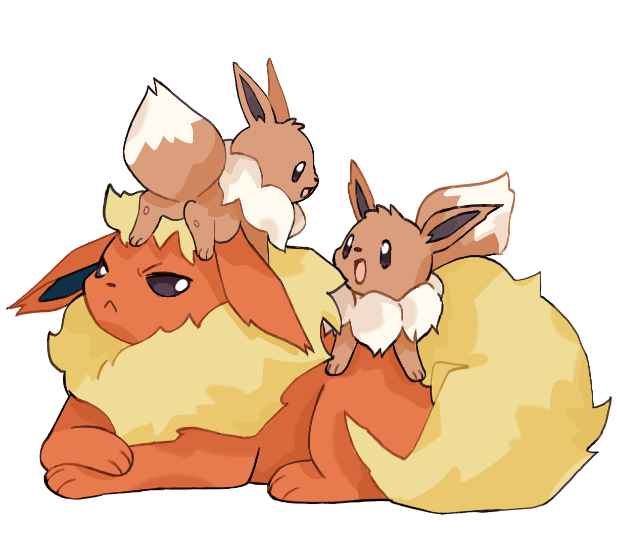 mjoyart, eevee, flareon, nintendo, pokemon, commentary, english commentary, :<, :d, animal focus, annoyed, brown eyes, closed mouth, gen 1 pokemon, lying, no humans, open mouth, pokemon (creature), simple background, smile, white background